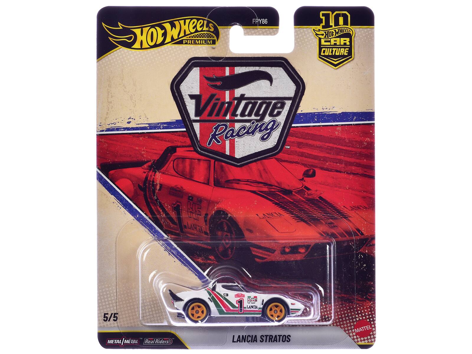 Hot Wheels Premium M  
FRY86  
10 Hot Wheels Car Culture  
Vintage Racing  
10 Lancia  
5/5  
Metal/Metal  
Real Riders  
HF 1 Lancia Lancia Stratos  
Mattel