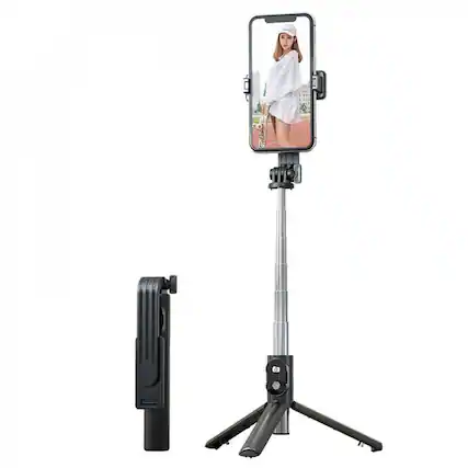 Front. BEARSOLIM - LED All-in-One Selfie Stick and Tripod with Wireless Remote and LED Fill Light for Universal Cell Phones (Black) - Black.