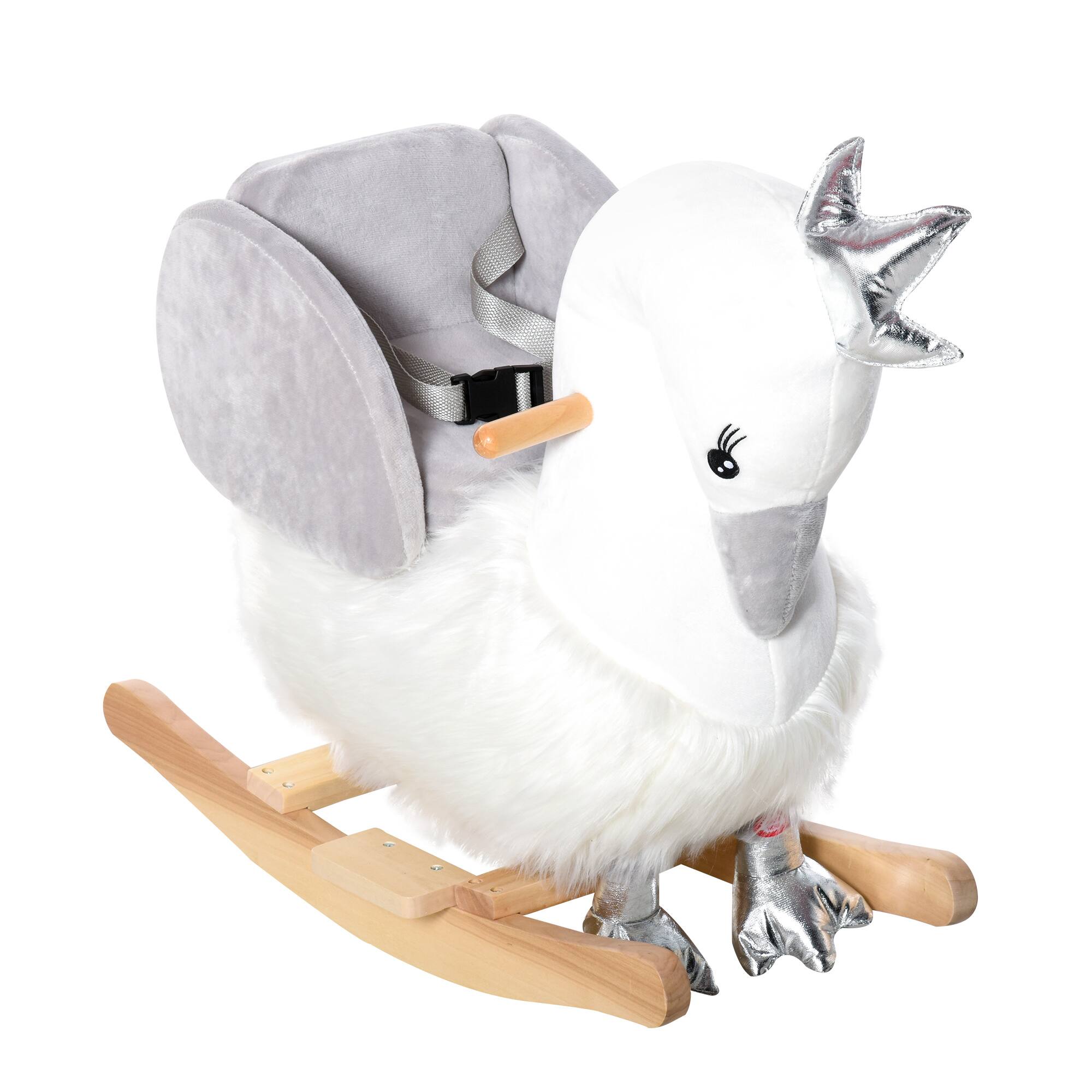Front. Glintex - Plush Swan Rocking Horse for Kids with Sounds, Safety Belt, and Soft Seat - White.