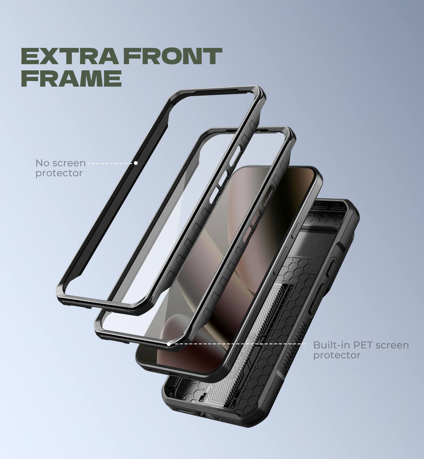 EXTRA FRONT FRAME

No screen protector

Built-in PET screen protector