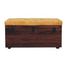 Front. Artisan Furniture - Artisan Furniture Solid Wood Walnut Storage Trunk Bench with Tan Leather, Orange and Dark Brown - Orange And Brown.