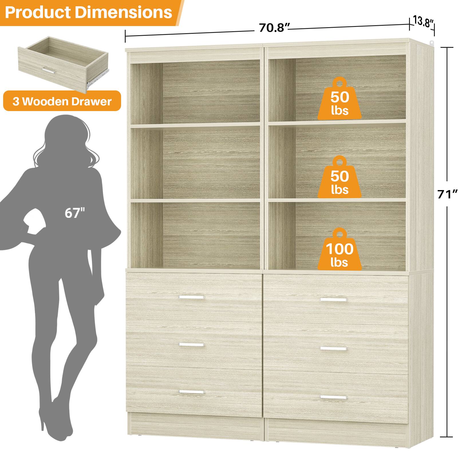 Product Dimensions: 70.8" x 13.8" x 67"  
3 Wooden Drawer  
50 lbs  
71"  
100 lbs