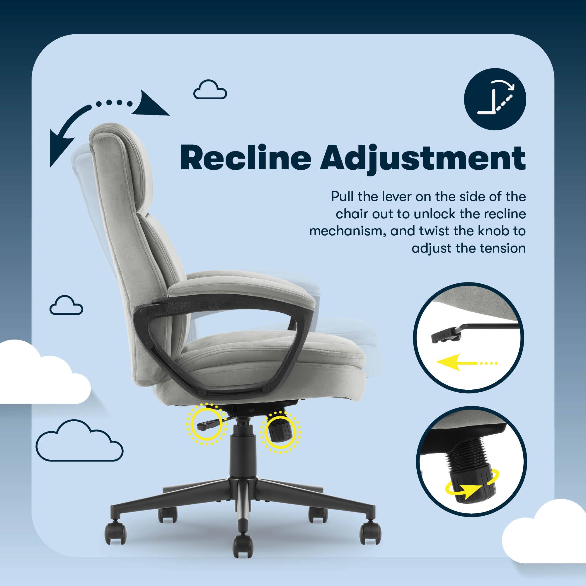 Recline Adjustment: Pull the lever on the side of the chair out to unlock the recline mechanism, and twist the knob to adjust the tension.