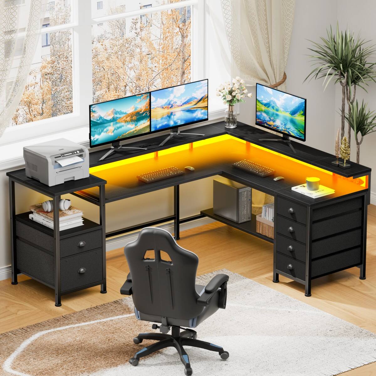 Alt View 7. Furnulem - L Shaped Gaming Desk with LED Lights Power Outlet 6 Fabric Drawers Reversible Corner Computer Desk for Home Office - Black.