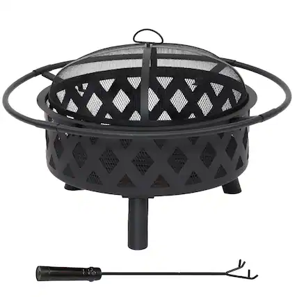 Front. Sunnydaze - 30 in Steel Crossweave Fire Pit with Spark Screen - Black.