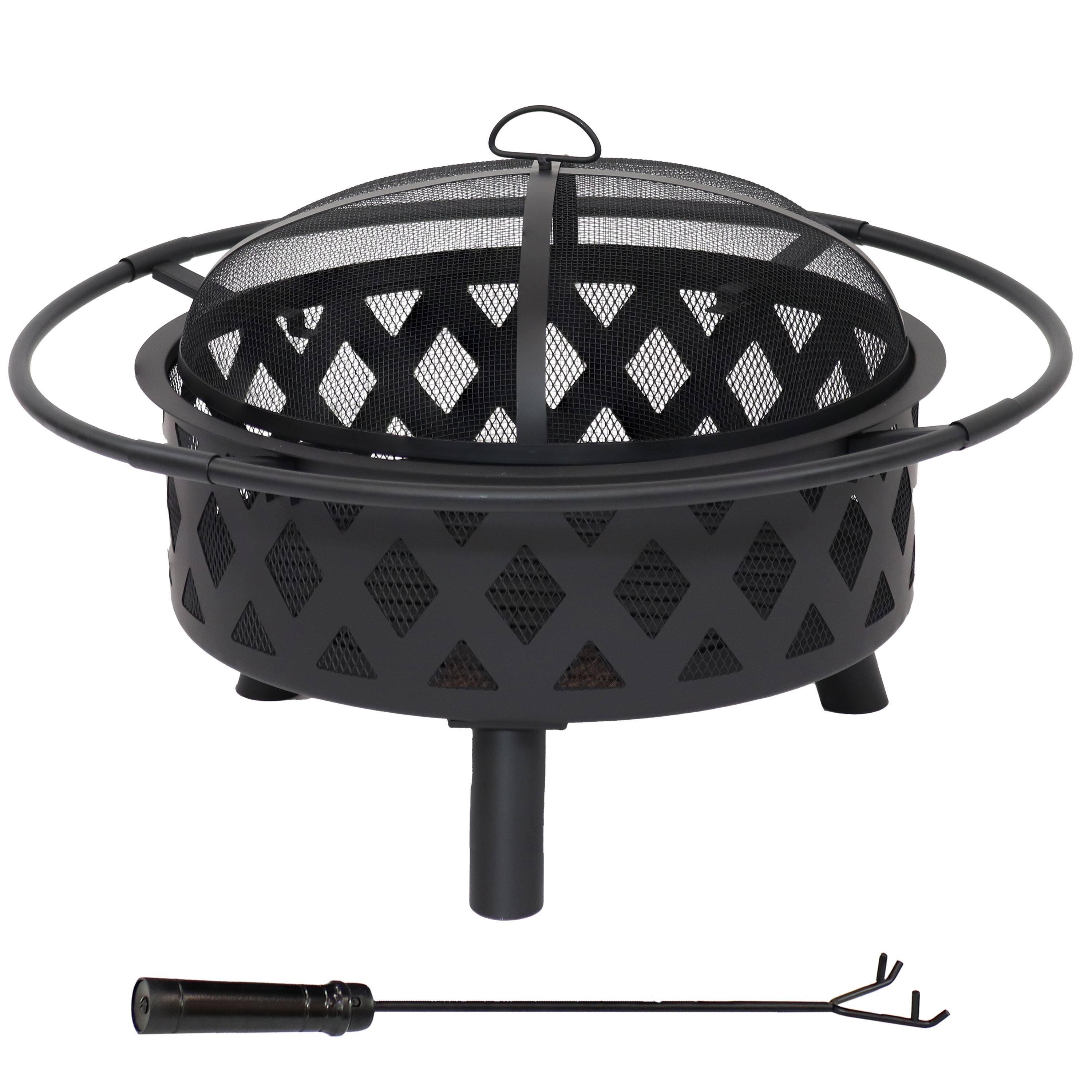 Front. Sunnydaze - 30 in Steel Crossweave Fire Pit with Spark Screen - Black.