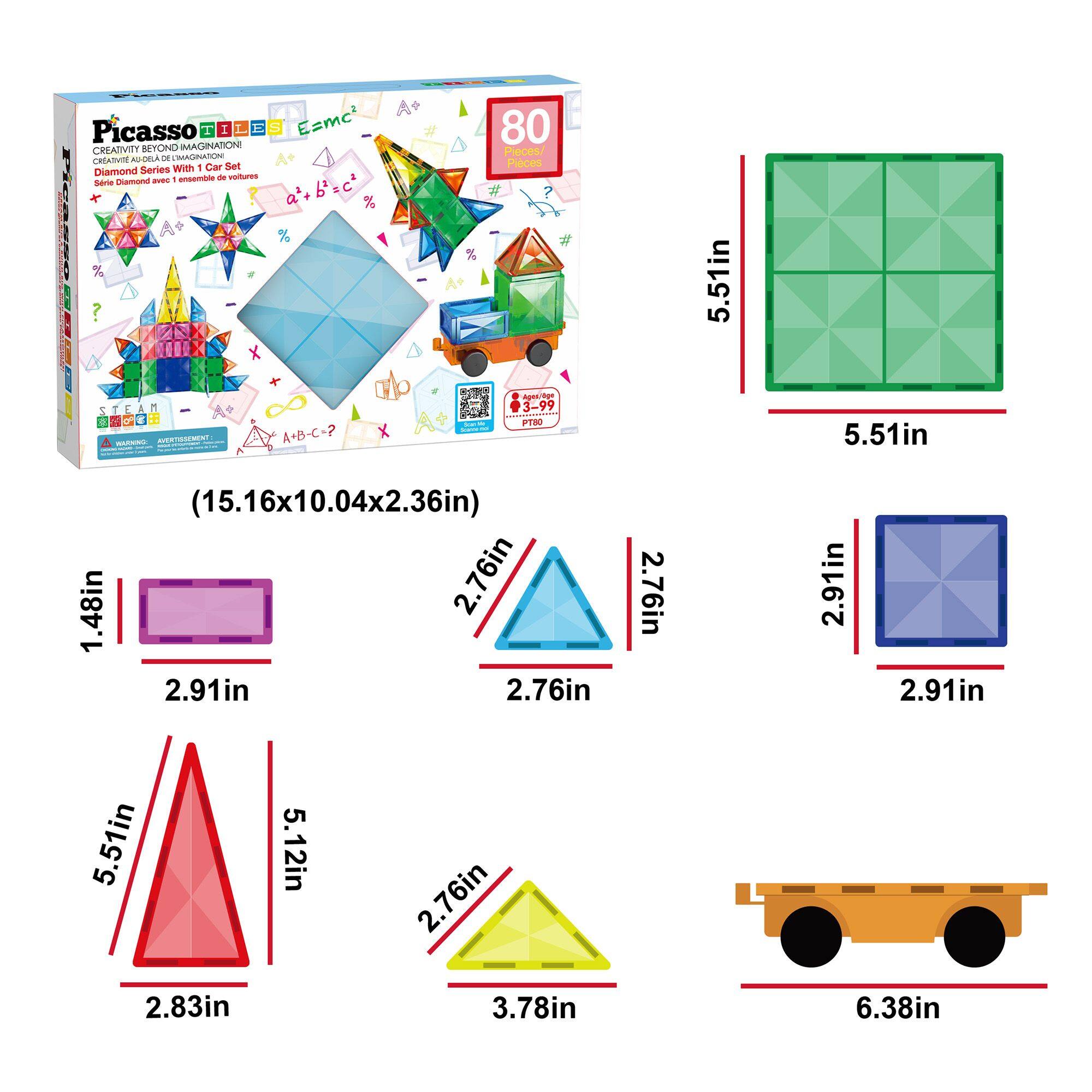 Picasso TILES  
E=mc²  
Creativity Beyond Imagination  

Series Diamond with 1 Car Set  

80 Pieces  
5.51in  

(15.16x10.04x2.36in)  

1.48in  
2.76in  
2.91in  
2.76in  
2.91in  
2.91in  
5.51in  
5.12in  
2.76in  
2.83in  
3.78in  
6.38in