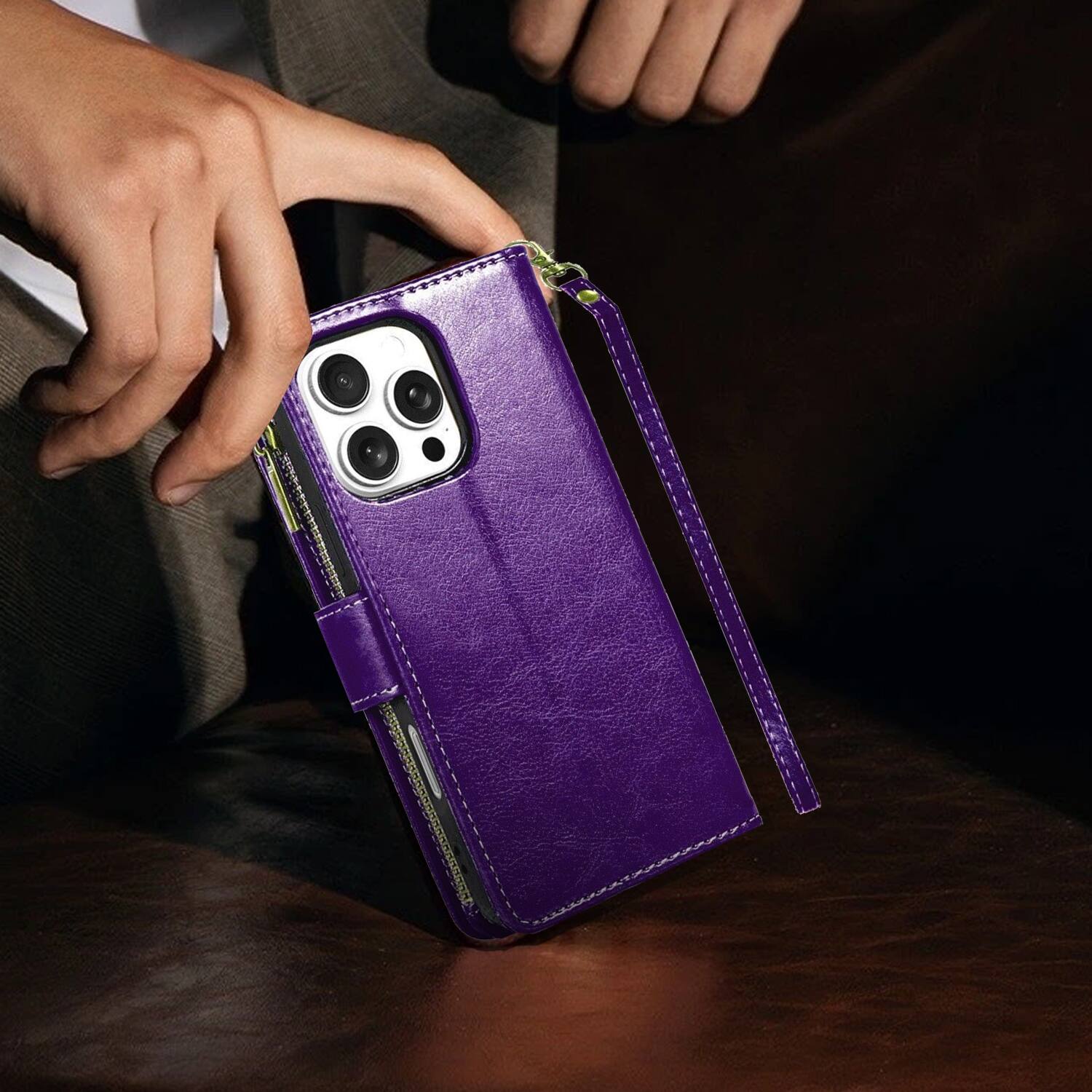 Alt View 6. Equipd - Phone Case for iPhone 16 Pro Max 6.9", Luxury Wallet Card ID Zipper Money Holder Cover (Purple) - Purple.