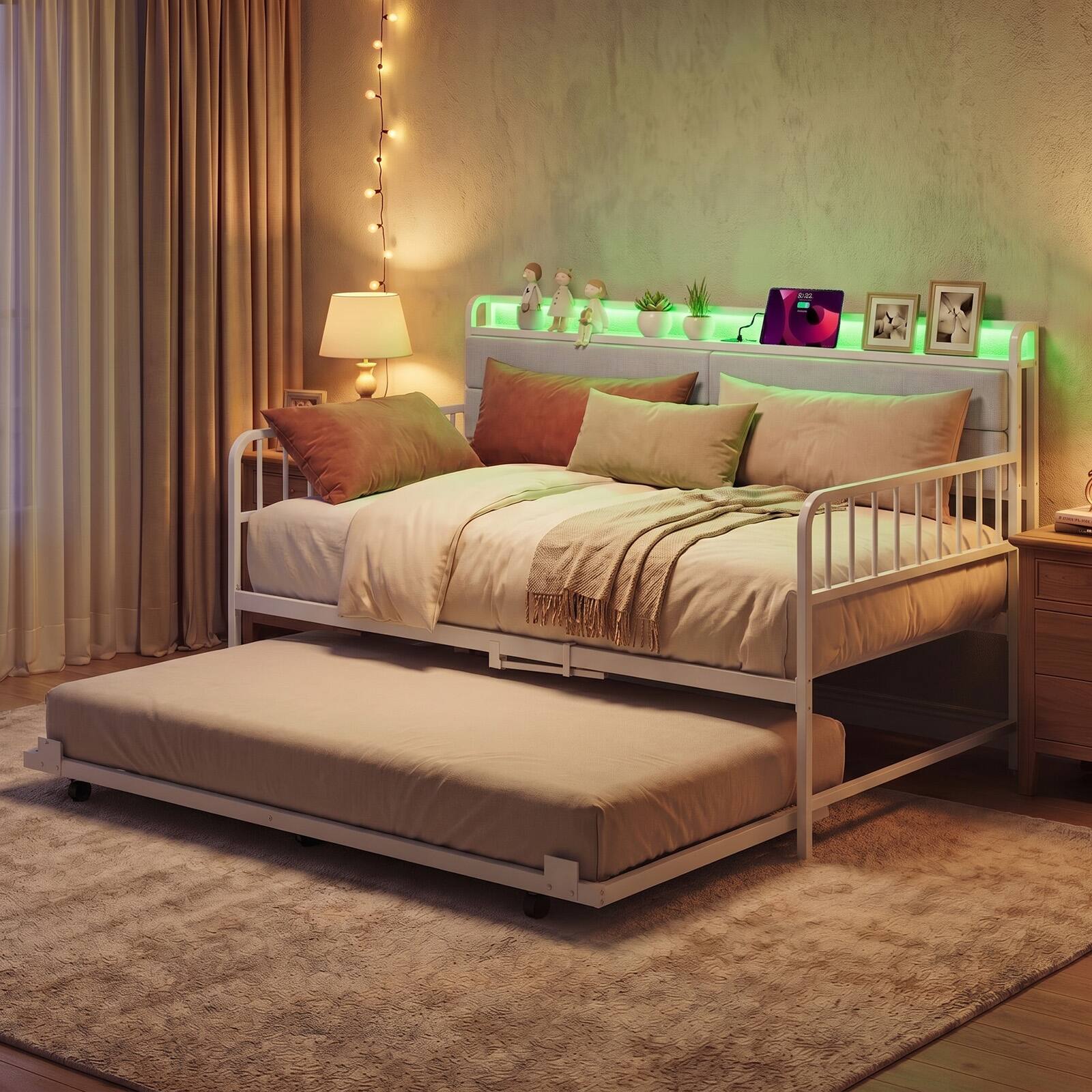 Alt View 5. Costway - Costway Daybed with Trundle LED Lights Charging Station Upholstered Storage Headboard - White.