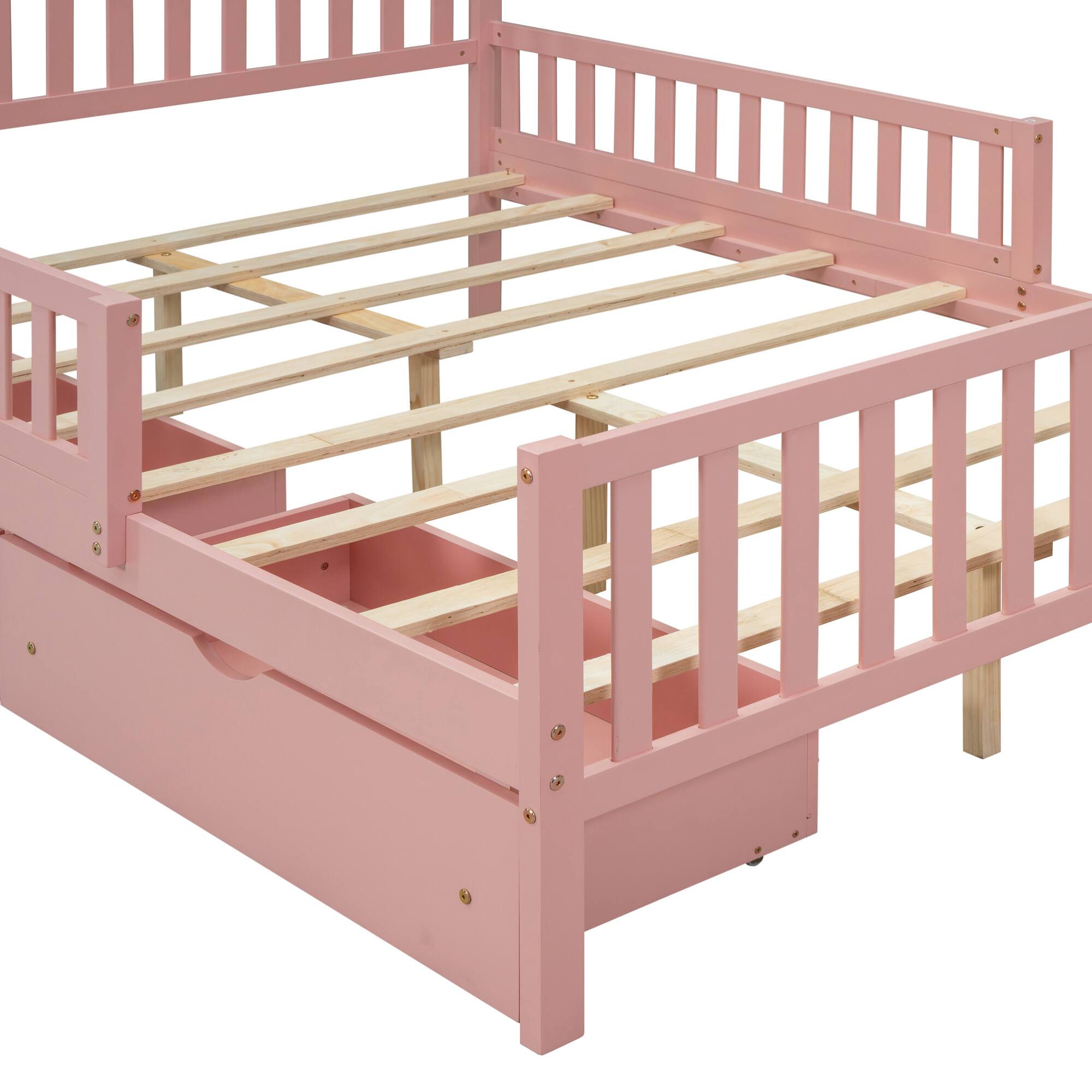Alt View 4. GOODSILO - Full Size Wood Platform Bed with Guardrails, Storage Drawers, and Minimalist Headboard for Modern Bedrooms - Pink.