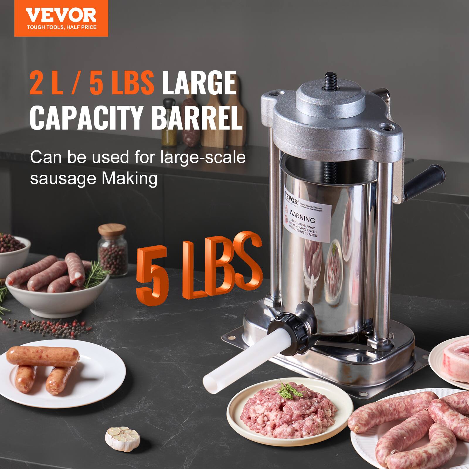 VEVOR TOUGH TOOLS, HALF PRICE

2 L / 5 LBS LARGE CAPACITY BARREL

Can be used for large-scale sausage Making

5 LBS

WARNING