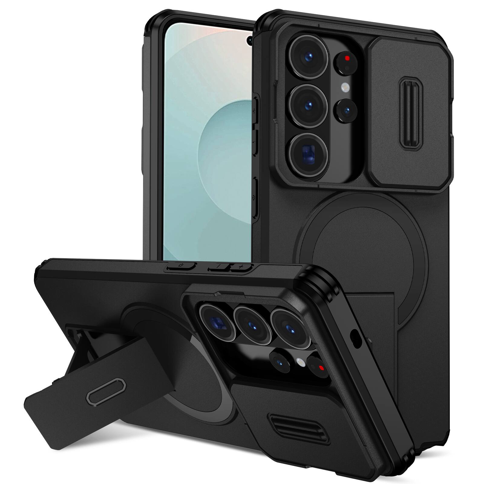 Dteck - for Samsung Galaxy S26 Ultra Magnetic Case,Slide Lens Cover & Hidden Kickstand,Rugged Dual-Layer Shockproof PC TPU Cover - Black