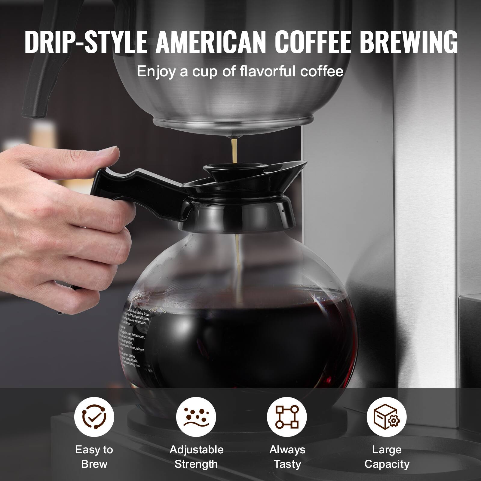 DRIP-STYLE AMERICAN COFFEE BREWING  
Enjoy a cup of flavorful coffee

Easy to Brew  
Adjustable Strength  
Always Tasty  
Large Capacity