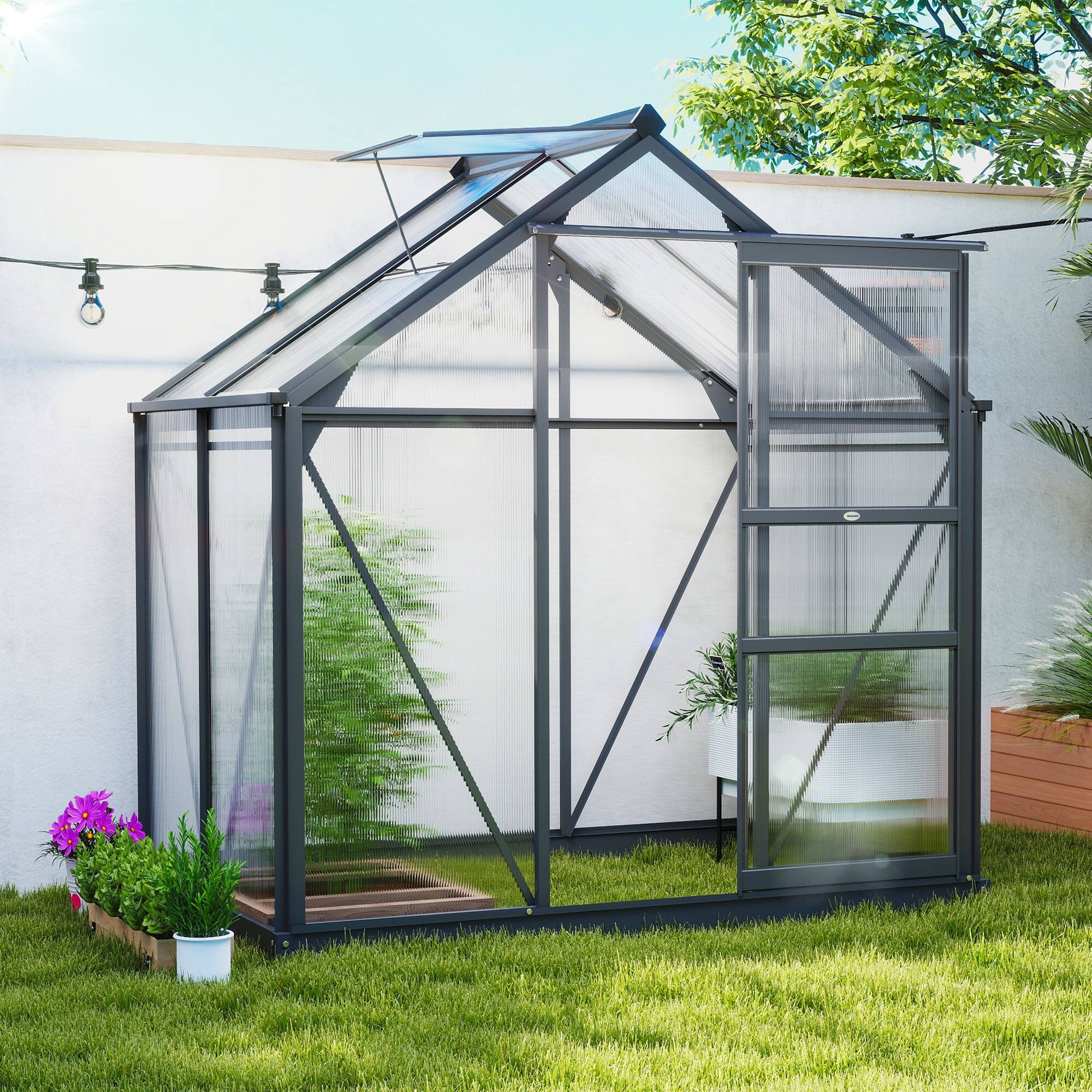 Alt View 1. Outsunny - Polycarbonate Greenhouse, Heavy Duty Outdoor Aluminum Walk-in Green House Kit Vent Door.