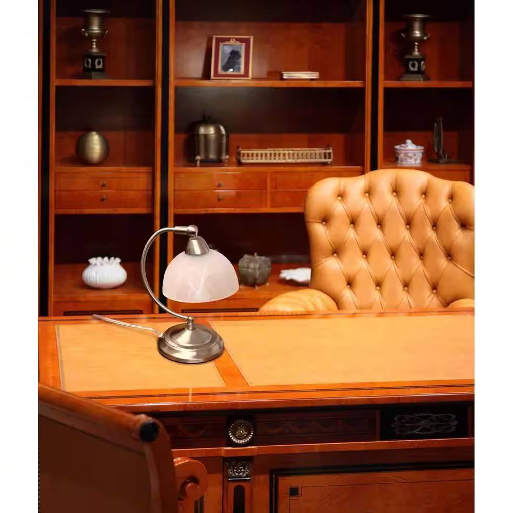 Angle. Hivvago - Small Bankers Lamp Desk Light Table Lamp with Marbleized White Glass Shade - Brushed Nicke, White.