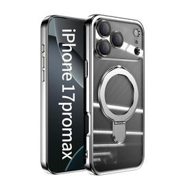 Dteck - MagSafe Compatible Case for Apple iPhone 17 Pro Max with Plating Ring Stand Lens Protection Cover - Silver