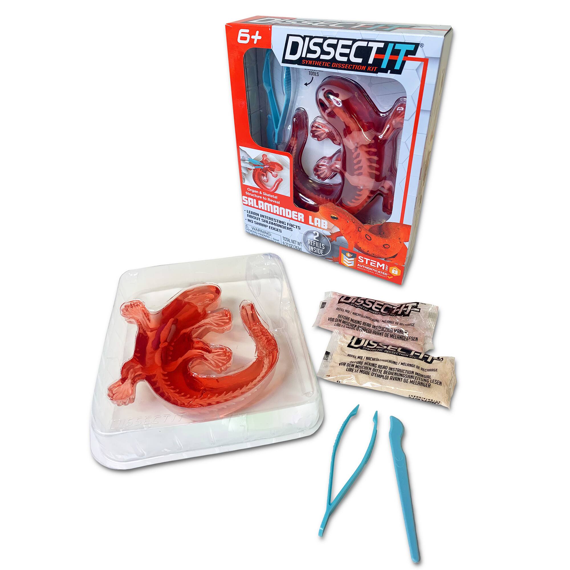The image features a dissection kit, which includes a plastic model of a salamander and a pair of scissors. The salamander model is placed in a plastic container, and the scissors are placed next to it. The kit is designed for educational purposes and is intended to teach students about the anatomy and dissection of the salamander. The kit also comes with a set of instructions to guide users through the process.
