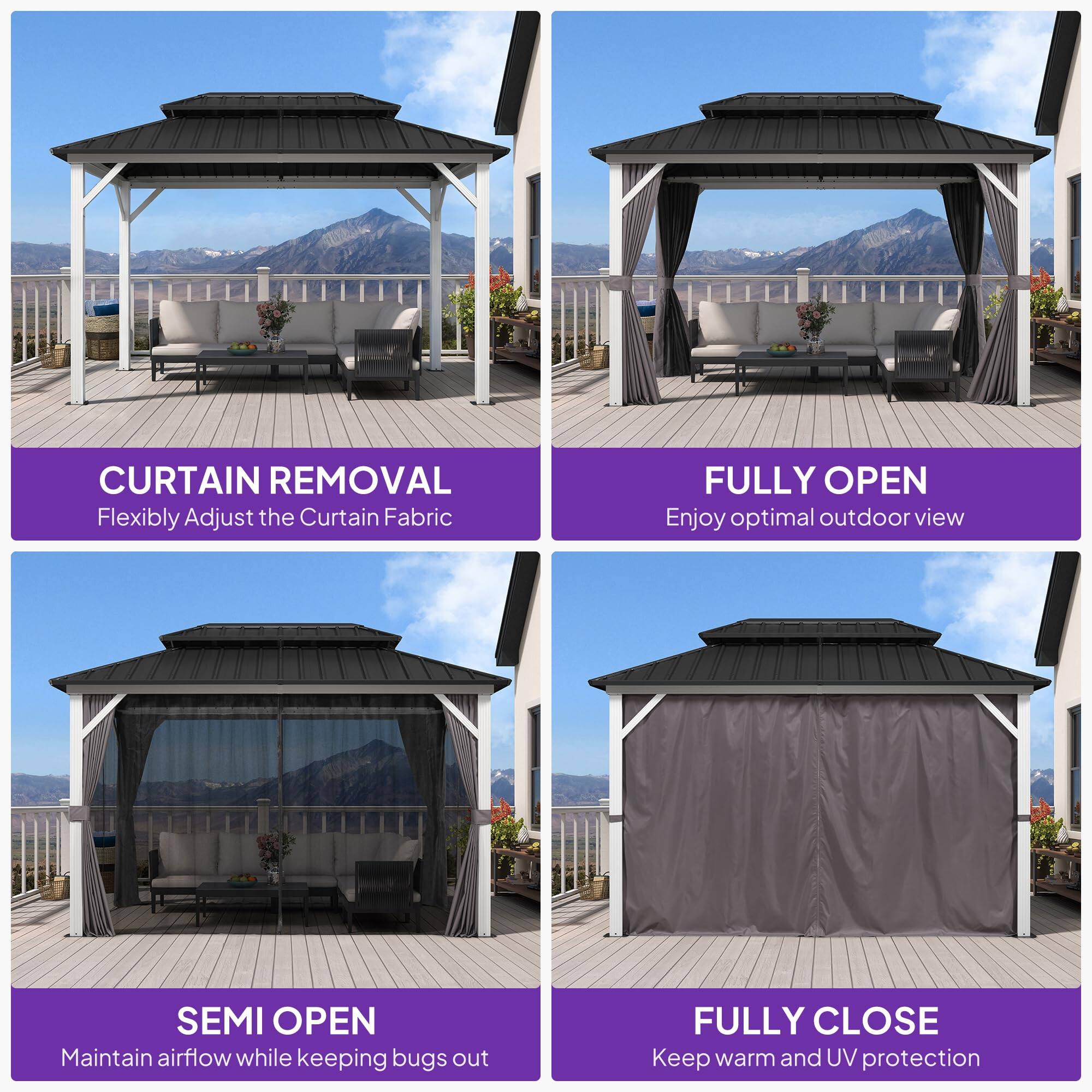 - CURTAIN REMOVAL
  Flexibly Adjust the Curtain Fabric

- FULLY OPEN
  Enjoy optimal outdoor view

- SEMI OPEN
  Maintain airflow while keeping bugs out

- FULLY CLOSE
  Keep warm and UV protection