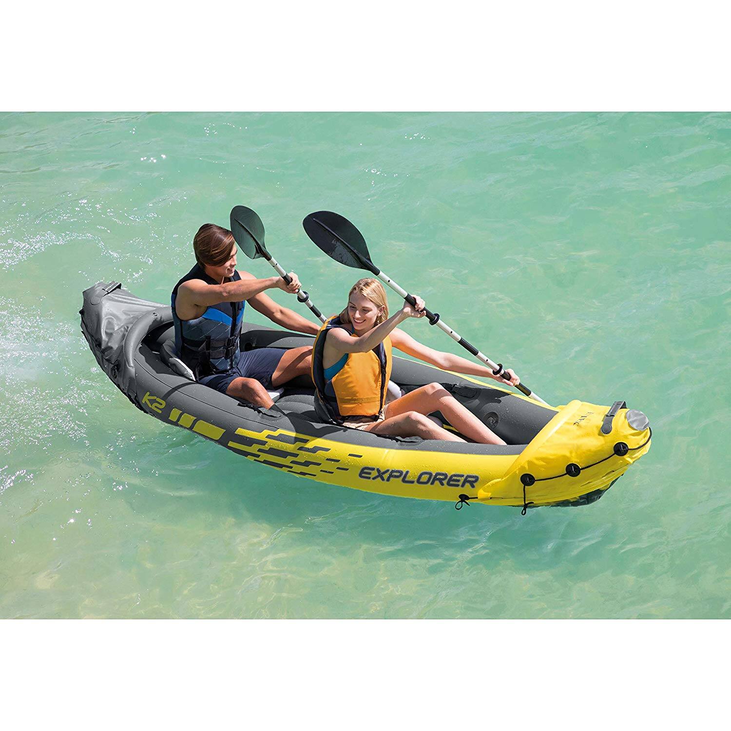 Alt View 3. Intex - Intex Explorer K2 2 Person Inflatable Kayak Set and Air Pump, Yellow (3 Pack) - Yellow.