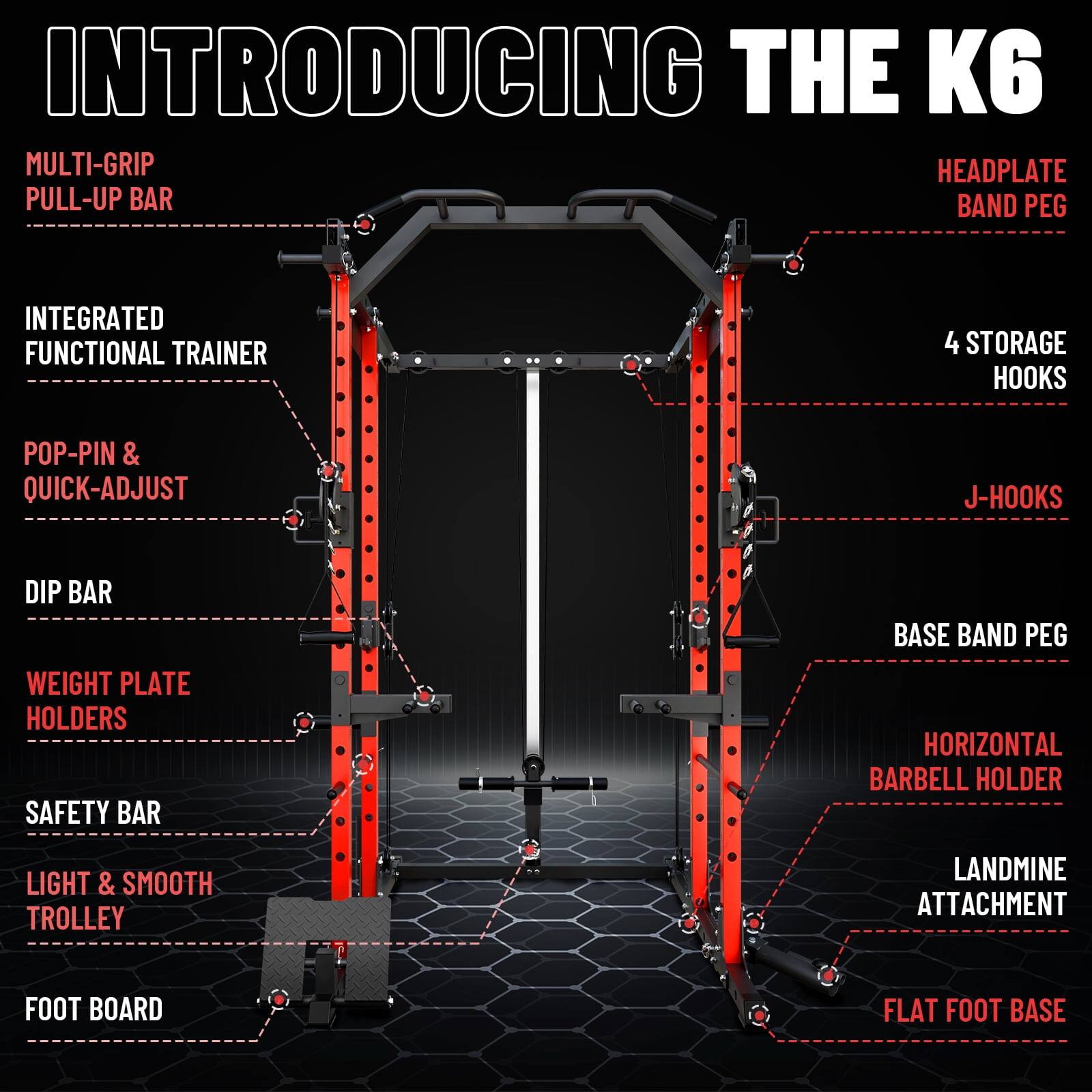 INTRODUCING THE K6
MULTI-GRIP PULL-UP BAR
HEADPLATE BAND PEG
INTEGRATED FUNCTIONAL TRAINER
4 STORAGE HOOKS
POP-PIN & QUICK-ADJUST
J-HOOKS
DIP BAR
WEIGHT PLATE HOLDERS
SAFETY BAR
BASE BAND PEG
HORIZONTAL BARBELL HOLDER
LANDMINE ATTACHMENT
FOOT BOARD
FLAT FOOT BASE