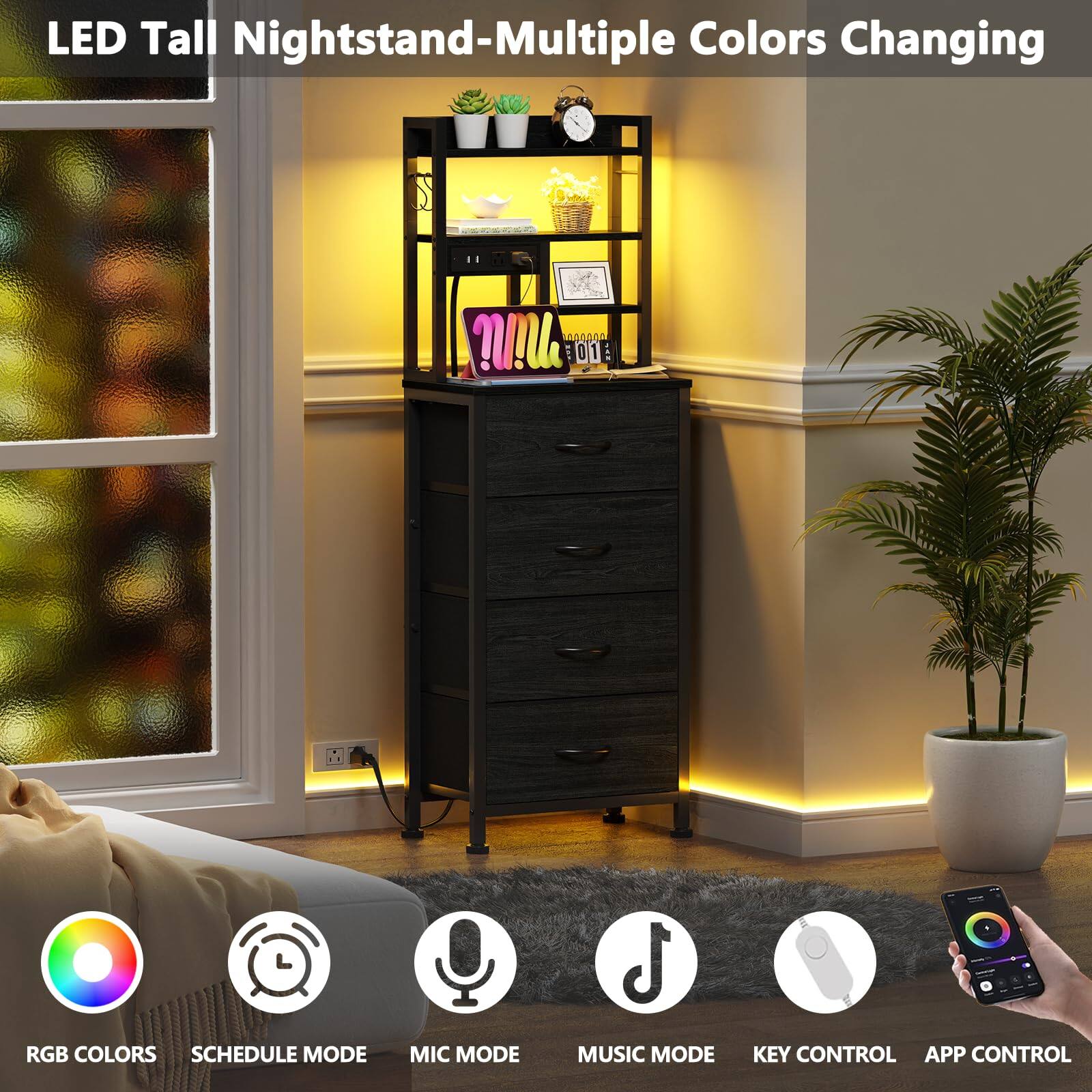 LED Tall Nightstand-Multiple Colors Changing

- RGB COLORS
- SCHEDULE MODE
- MIC MODE
- MUSIC MODE
- KEY CONTROL
- APP CONTROL