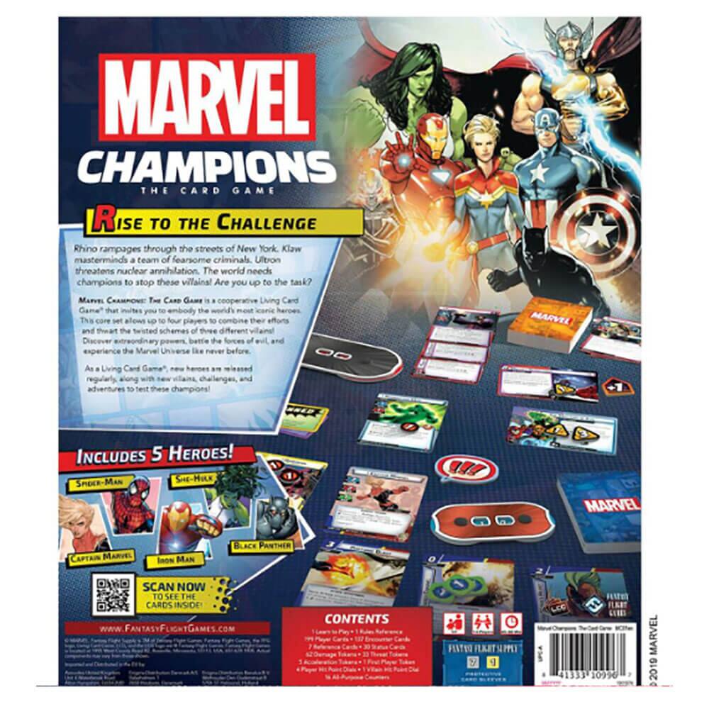 **MARVEL CHAMPIONS**  
**THE CARD GAME**

**RISE TO THE CHALLENGE**

Rhino rampages through the streets of New York. Klaw masterminds a team of fearsome criminals. Ultron threatens nuclear annihilation. The world needs champions to stop these villains! Are you up to the task?

**MARVEL CHAMPIONS**  
**The Card Game** is a cooperative Living Card Game that invites you to embody the world's mightiest heroes. The core set allows four players to combine their efforts and nothing to thwart the twisted schemes of three different villains! Discover extraordinary powers, battle the forces of evil, and experience the Marvel Universe like never before.

As a Living Card Game, new heroes are released regularly, along with new villains, challenges, and adventures to test these champions!

**INCLUDES 5 HEROES!**  
- SPIDER-MAN  
- SHE-HULK  
- CAPTAIN MARVEL  
- IRON MAN  
- BLACK PANTHER  

**SCAN NOW TO SEE THE CARDS INSIDE!**  
www.FANTASYFLIGHTGAMES.COM

**CONTENTS**  
- 1 Game Board  
- 1 Player Aid  
- 7 Reference Cards  
- 109