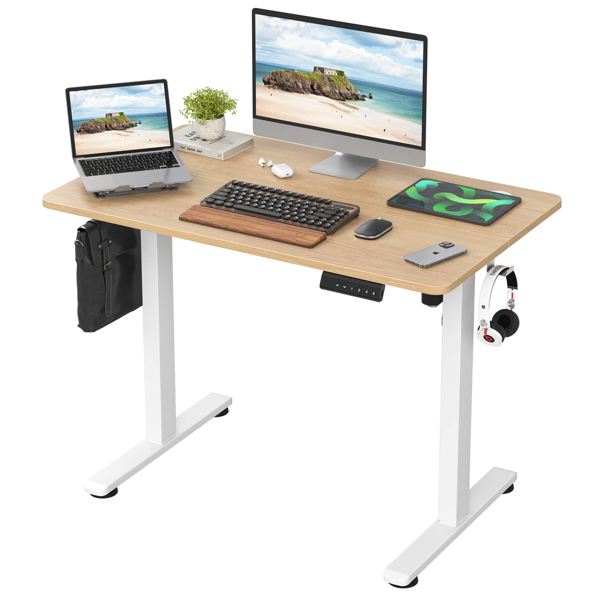 GOODSILO - Electric Standing Desk Adjustable Height Sit Stand Home Office Desk with Splice Board - Natural