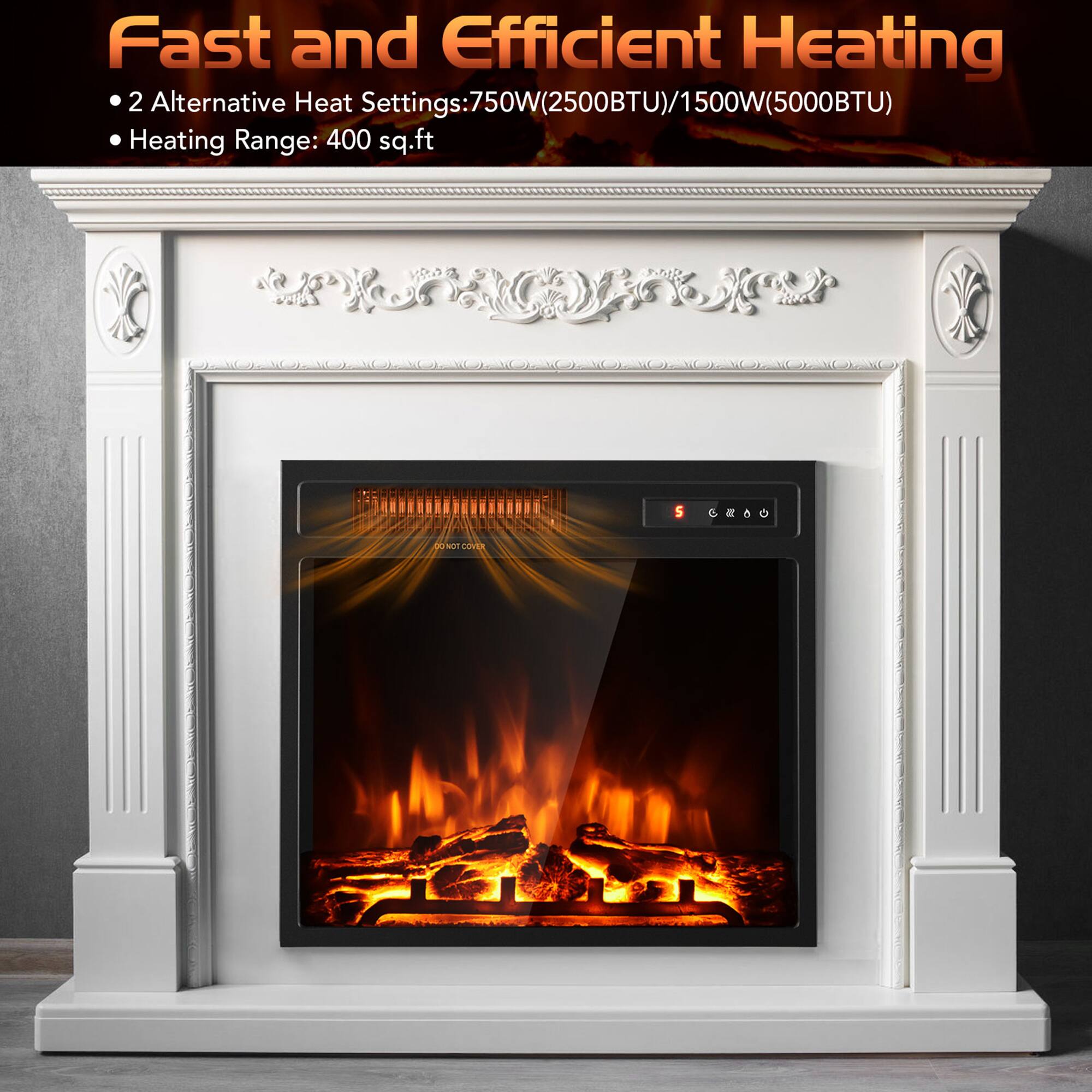 Fast and Efficient Heating

- 2 Alternative Heat Settings: 750W (2500BTU) / 1500W (5000BTU)
- Heating Range: 400 sq.ft