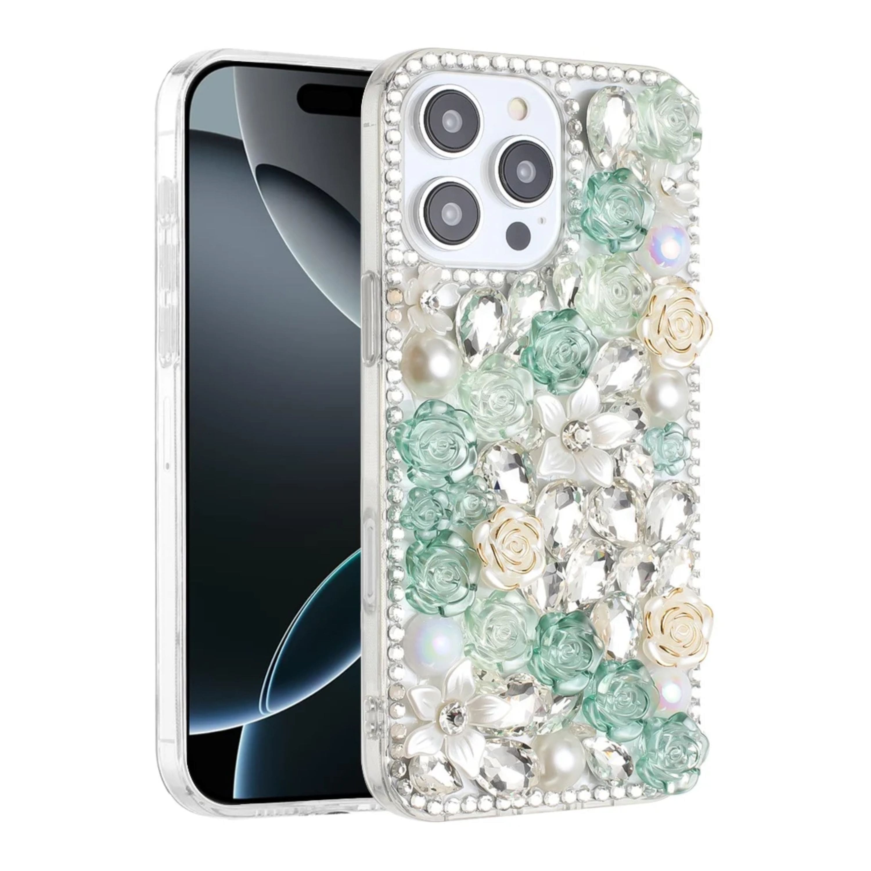 Kitcheniva - Full 3D Rhinestone Rose Phone Case With Tempered Glass For iPhone 16 Pro Max - Green