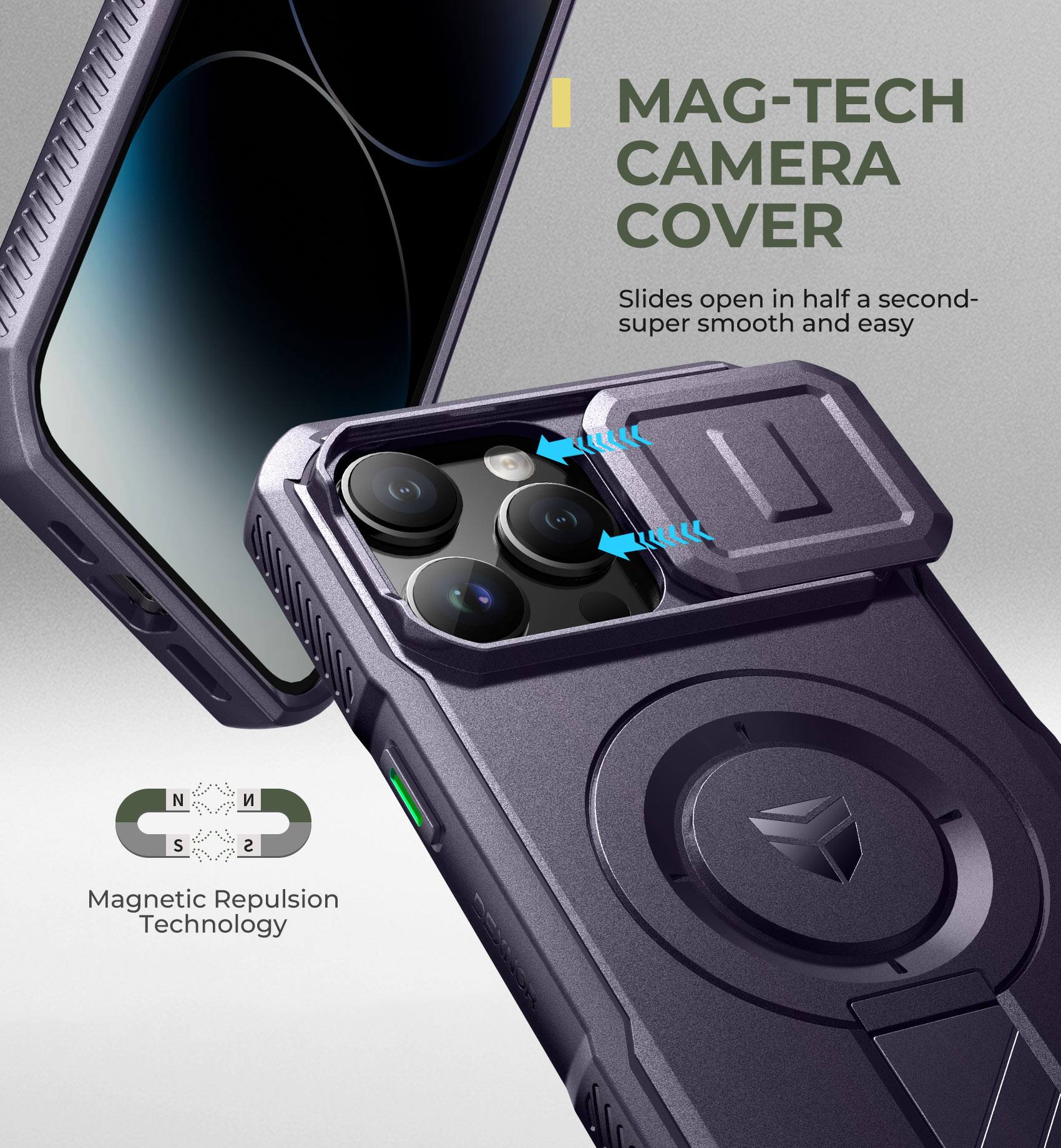MAG-TECH CAMERA COVER  
Slides open in half a second- super smooth and easy  

Magnetic Repulsion Technology