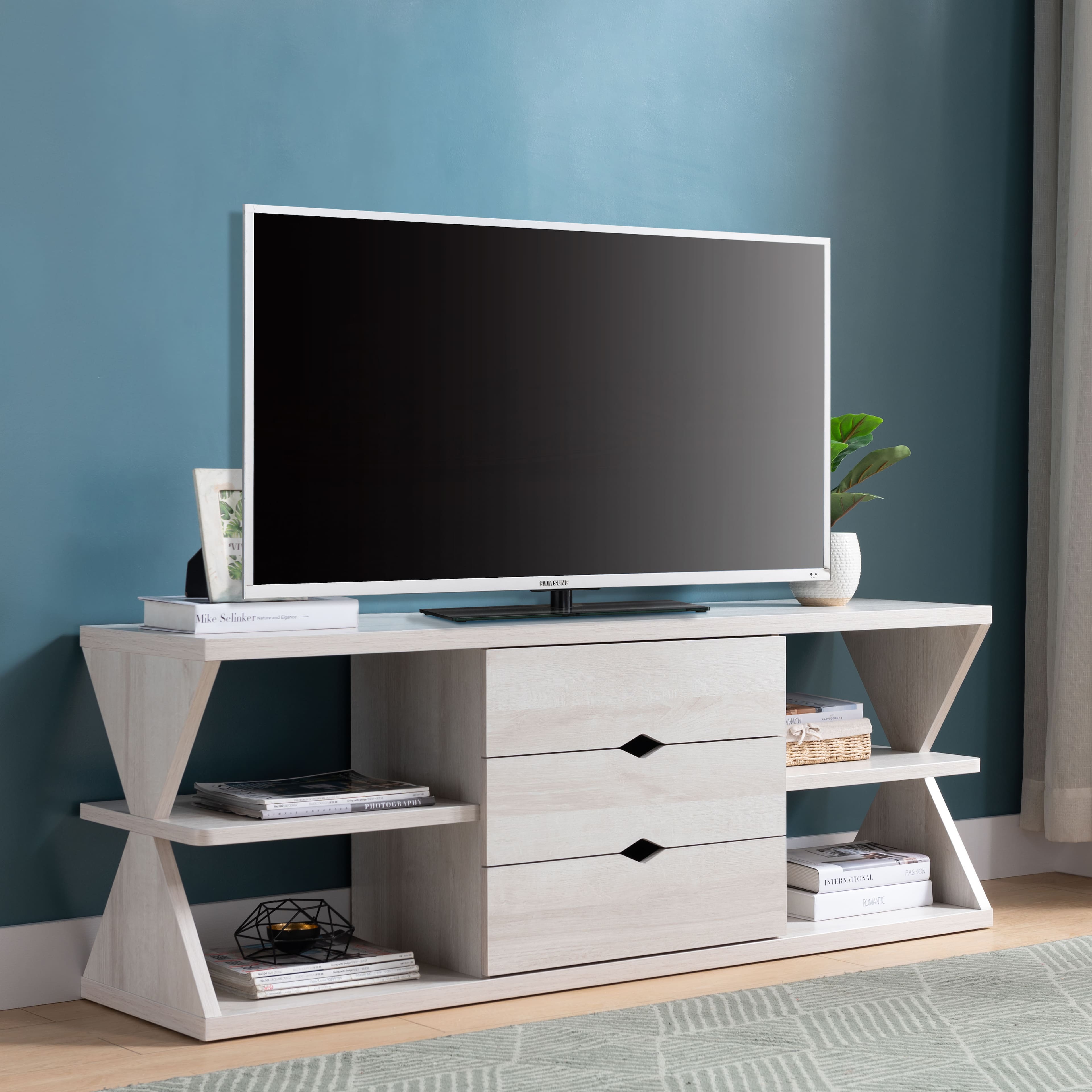 APRILSOUL - Modern TV Stand with Four Open Shelves and Three Storage Drawers - White Oak