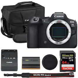 Bundle - EOS R6 Mark II Mirrorless Camera Body Only with Canon 200ES EOS Shoulder Bag + 64GB Extreme PRO Memory Card - Black