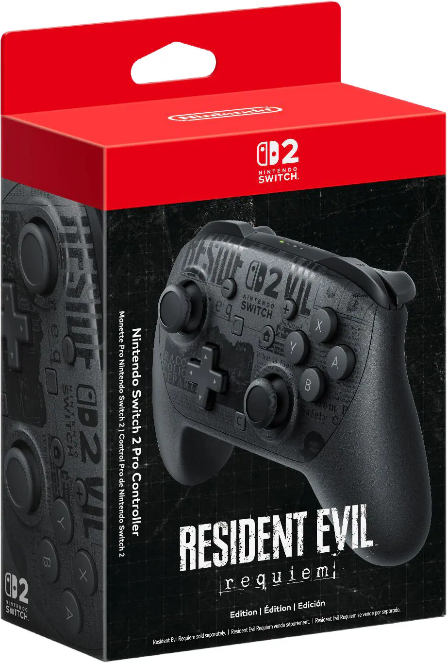 Sure, here is the corrected and grouped text:
---
**Nintendo Switch**
**Manette Pro Nintendo Switch 2 - Control Pro de Nintendo Switch 2**
**CD2**
**RESIDENT EVIL Requiem Edition | Édition | Edición**
**Resident Evil Requiem sold separately. | Resident Evil Requiem se vende por separado. | Resident Evil Requiem vendu séparément.**
---
This text is taken from the image of the Nintendo Switch Pro Controller packaging.