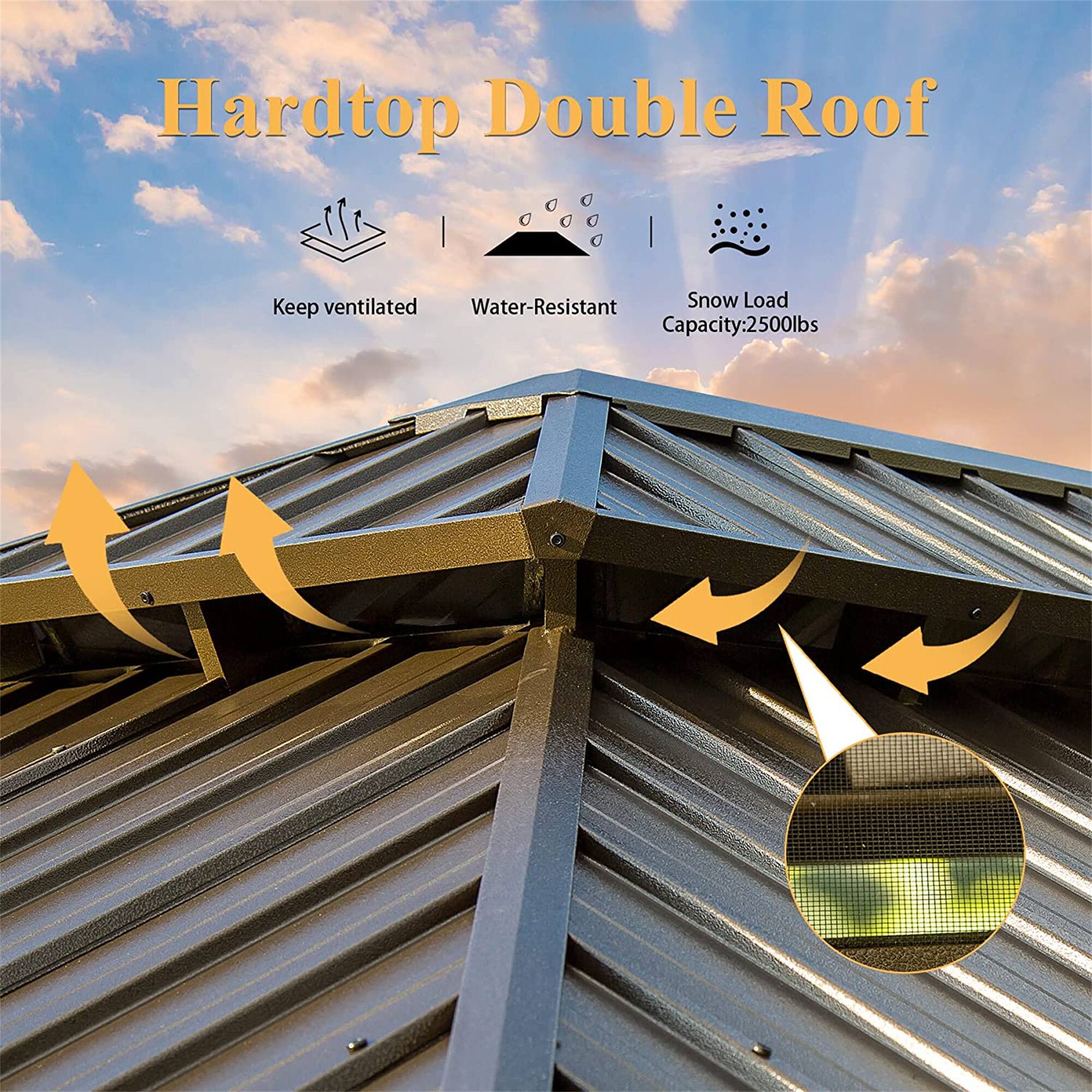 Hardtop Double Roof  
- Keep ventilated  
- Water-Resistant  
- Snow Load Capacity: 2500lbs