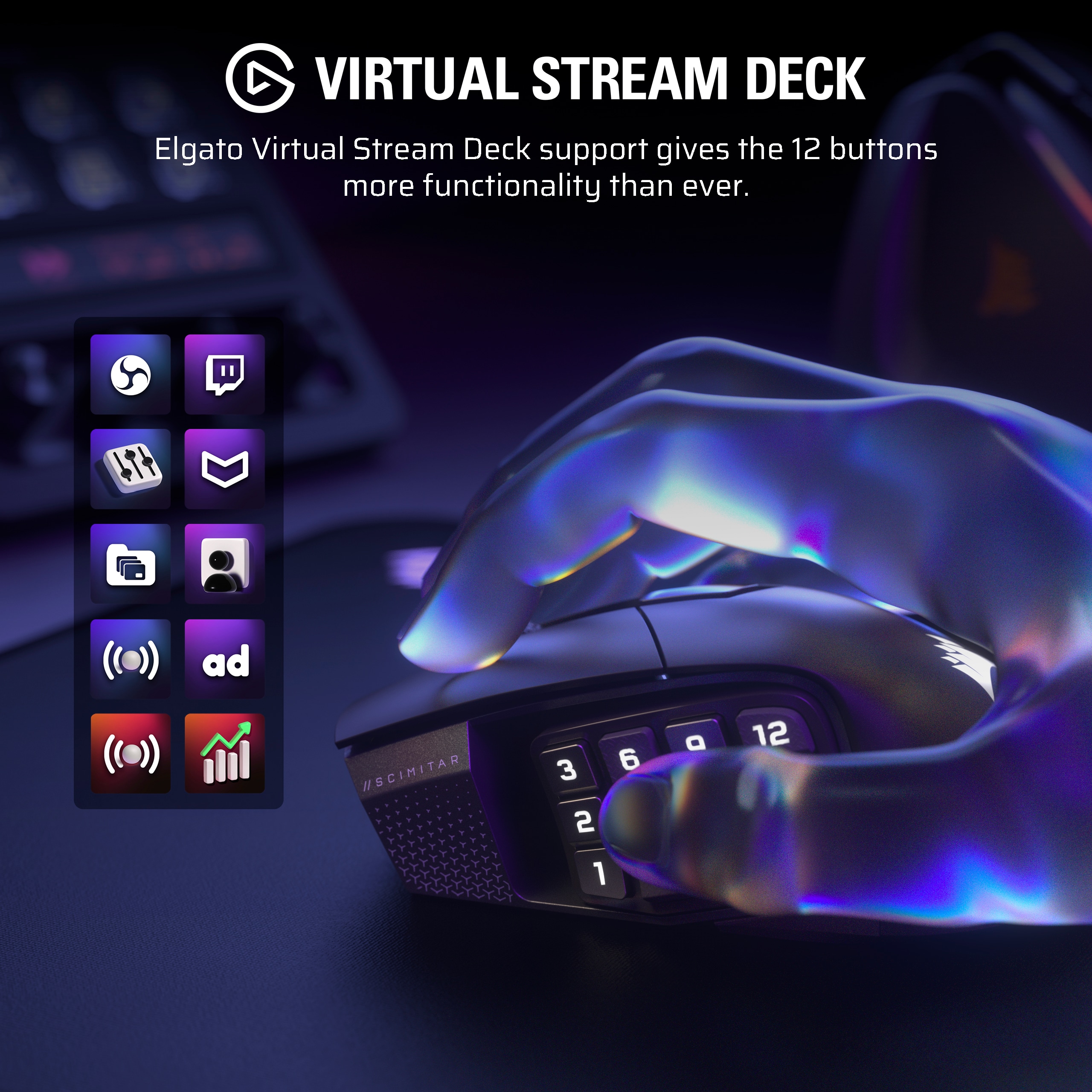 VIRTUAL STREAM DECK Elgato Virtual Stream Deck support gives the 12 buttons more functionality than ever.