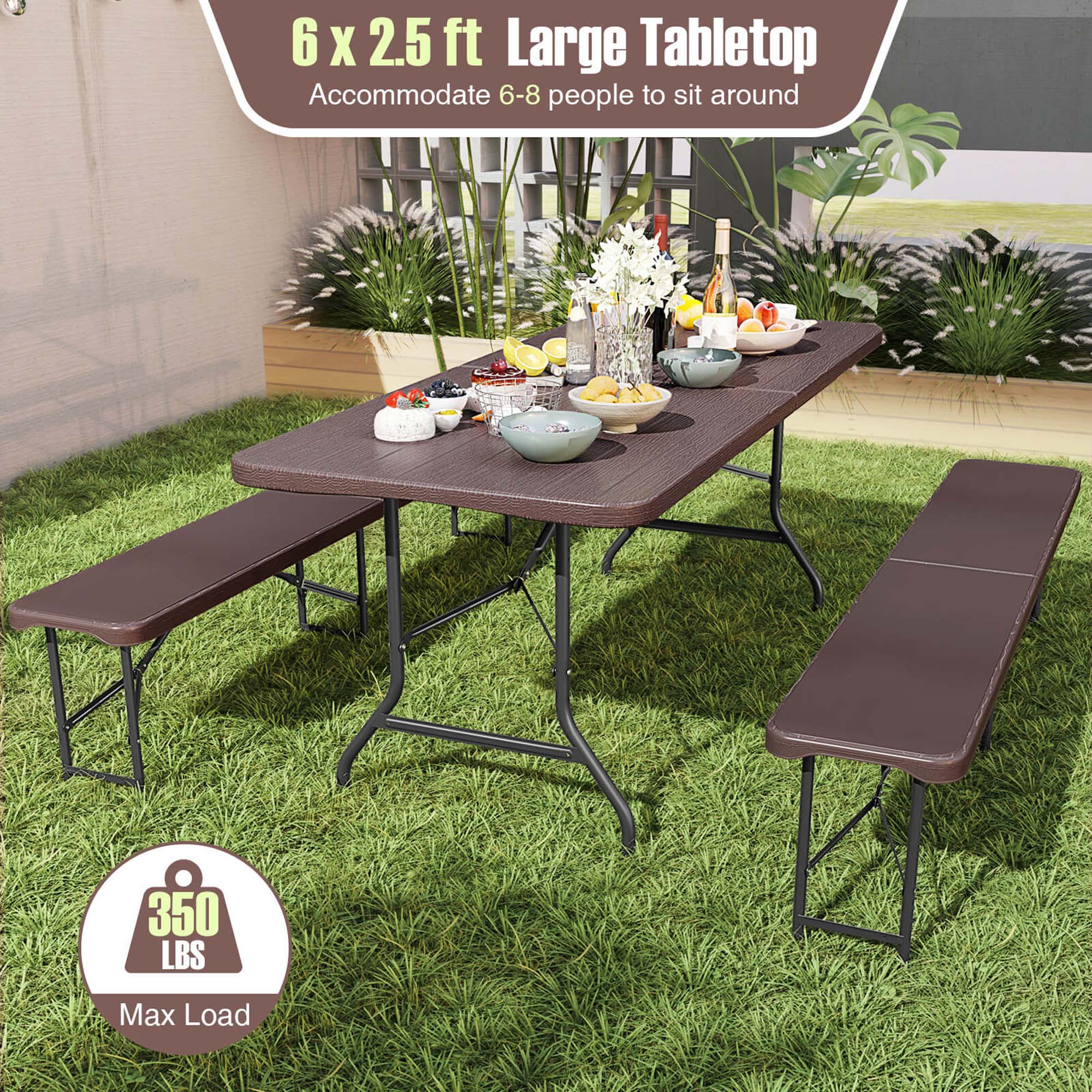 6 x 2.5 ft Large Tabletop
Accommodate 6-8 people to sit around
350 LBS Max Load