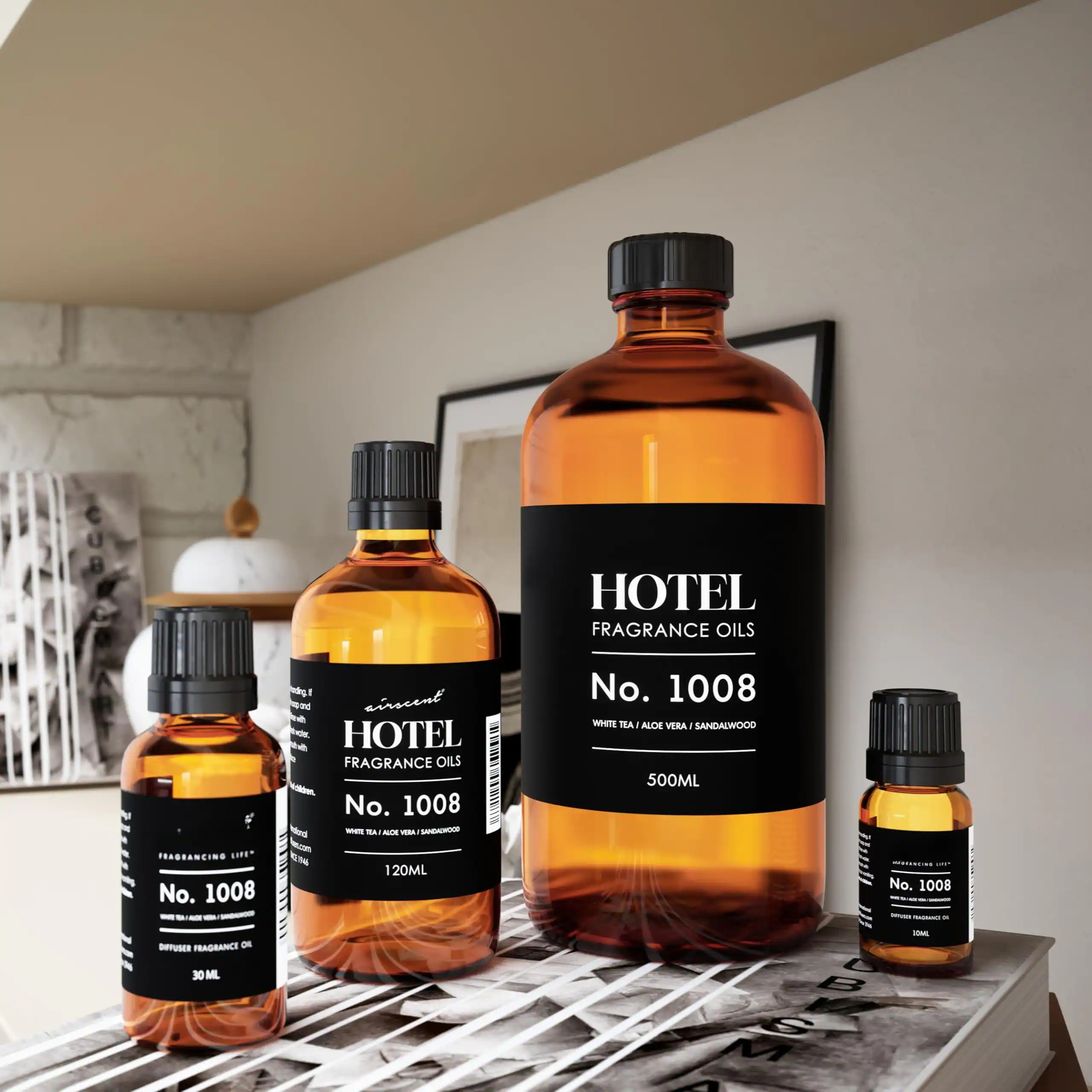 HOTEL FRAGRANCE OILS  
No. 1008  
WHITE TEA / ALOE VERA / SANDALWOOD  
500ML  

HOTEL FRAGRANCE OILS  
No. 1008  
120ML  

HOTEL FRAGRANCE OILS  
No. 1008  
30ML
