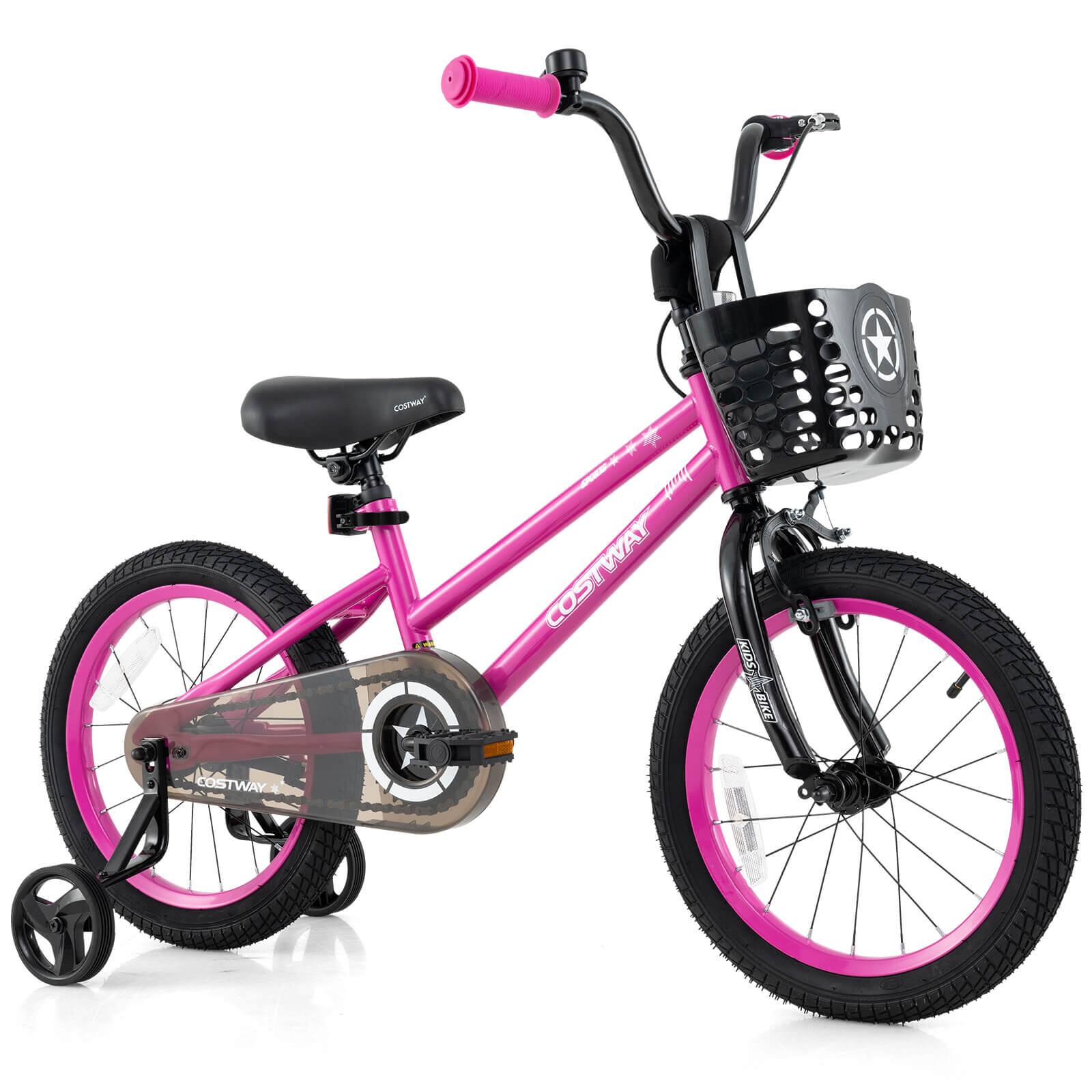 Costway - 16" Kid's Bike with Training Wheels Adjustable Handlebar & Seat Handbrake - Pink