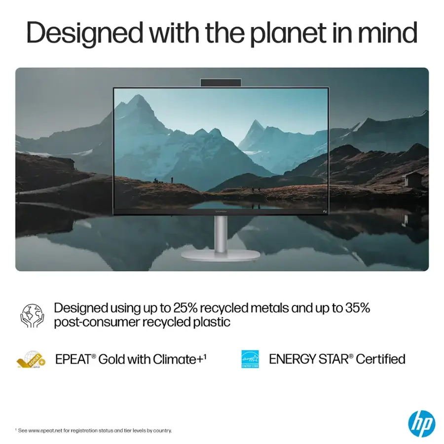Designed with the planet in mind: Designed using up to 25% recycled metals and up to 35% post-consumer recycled plastic. EPEAT Gold with Climate+1 and ENERGY STAR Certified. See www.epeat.net for registration status and tier levels by country. hp.