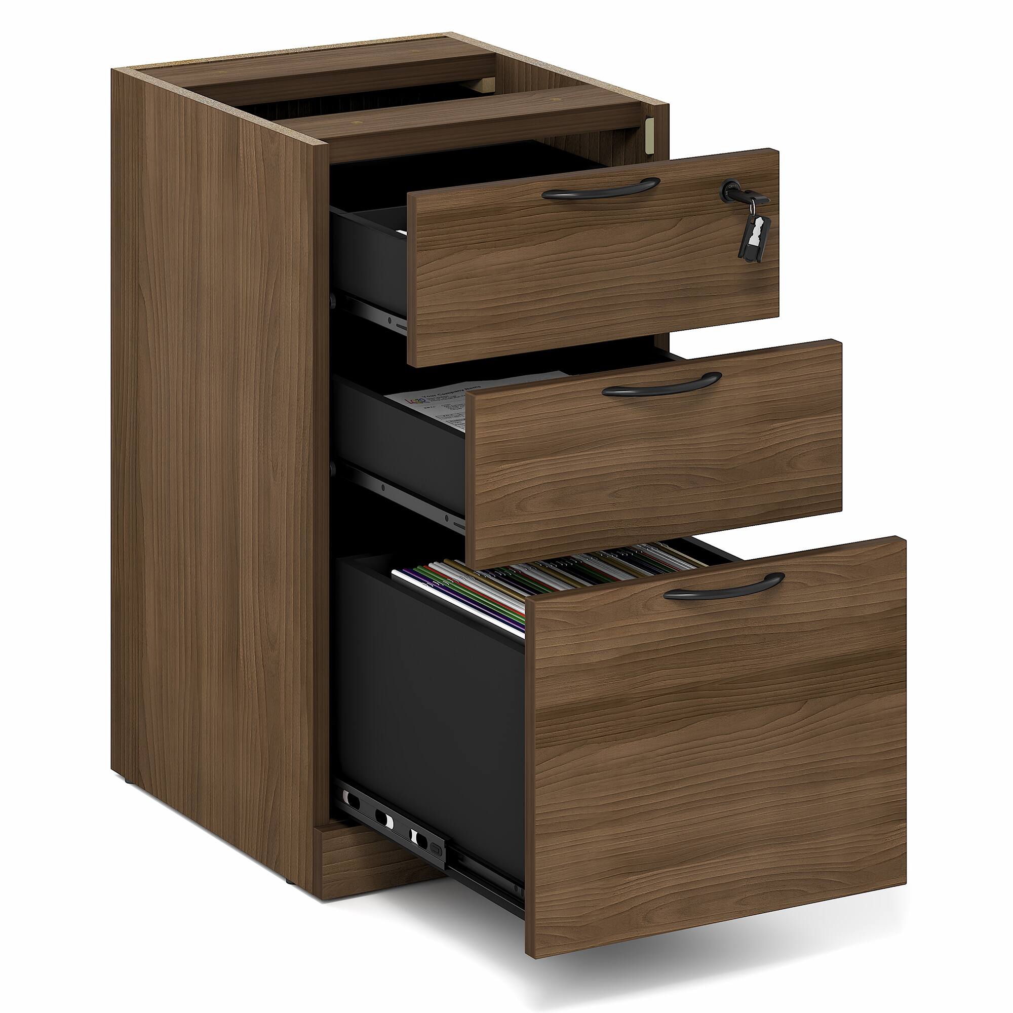 Alt View 8. Furinno - ROGER File Cabinet, 3-Drawer Fixed Pedestal Filing Cabinet with Lock, Soft-Close Drawers, for Home Office - Modern Walnut.