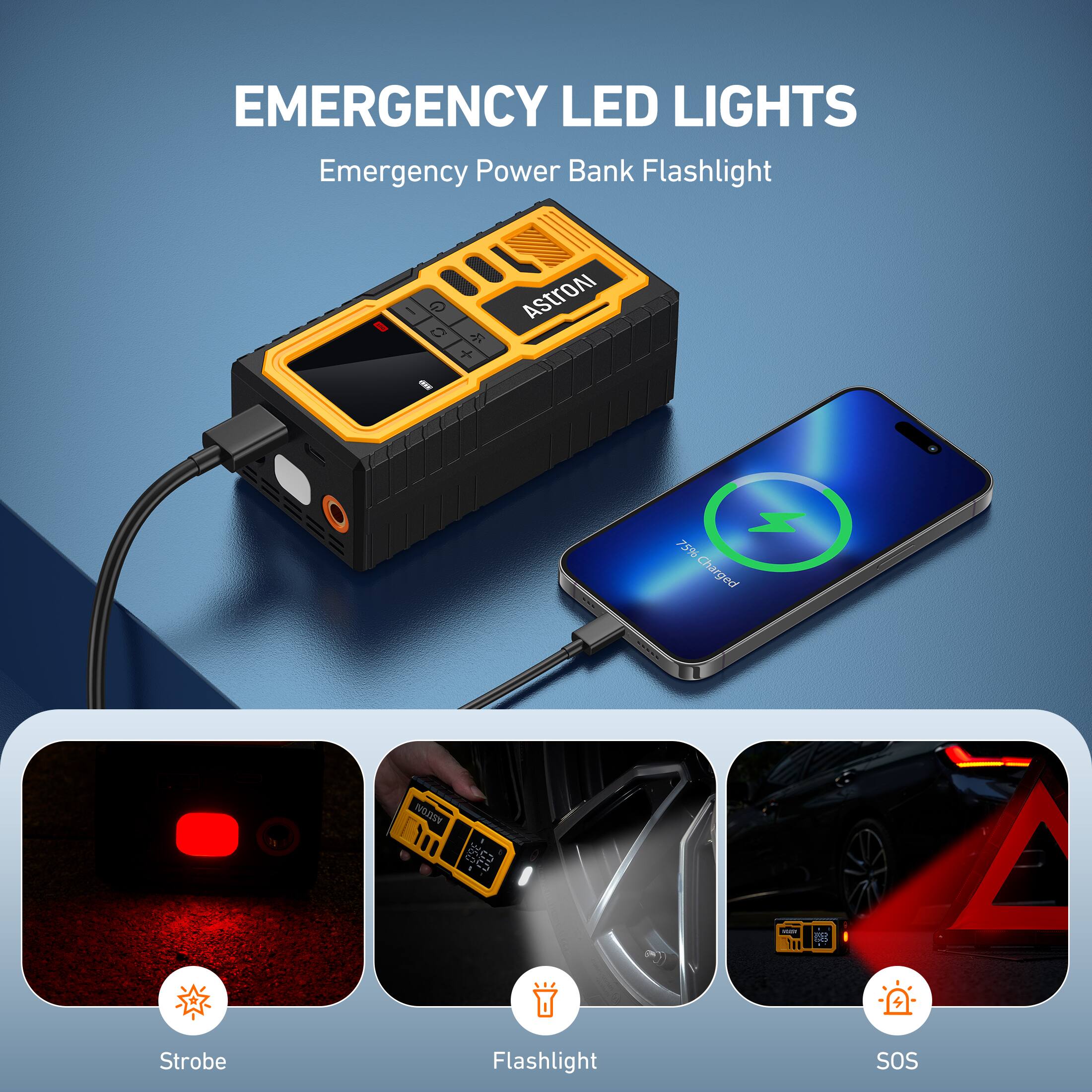EMERGENCY LED LIGHTS  
Emergency Power Bank Flashlight  

- Strobe  
- Flashlight  
- SOS