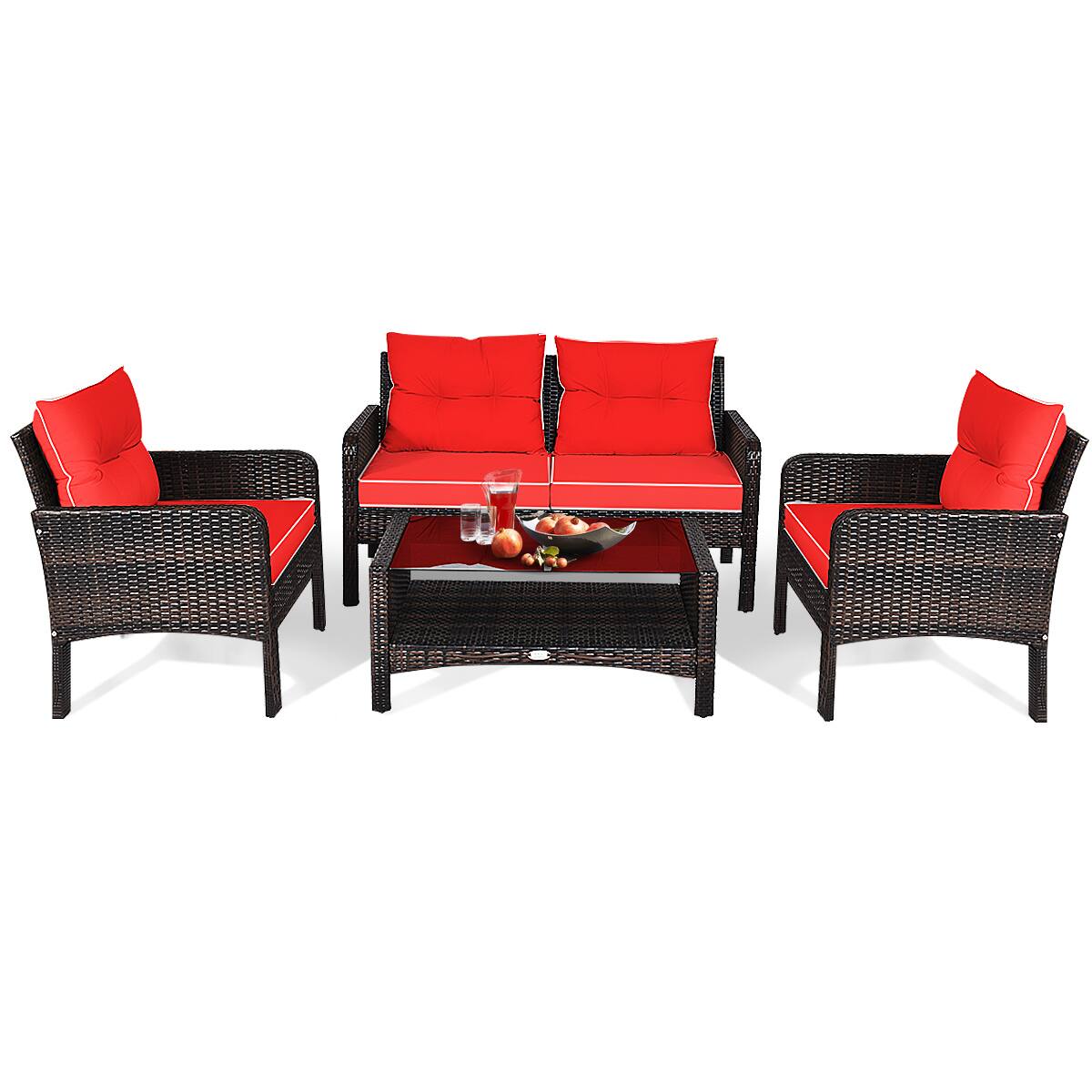 Alt View 5. Gymax - Gymax 4PCS Rattan Patio Conversation Set Red Cushioned Outdoor Furniture Set - Red.