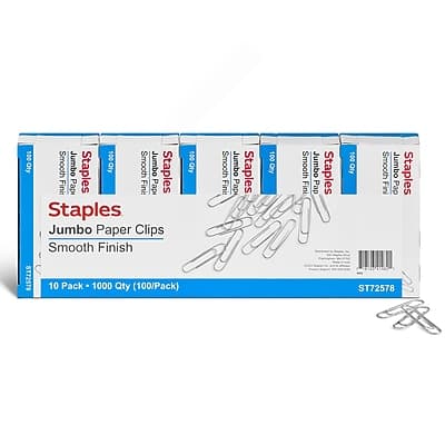 Staples  
Jumbo Paper Clips  
Smooth Finish  

10 Pack - 1000 Qty (100/Pack)  

ST72578