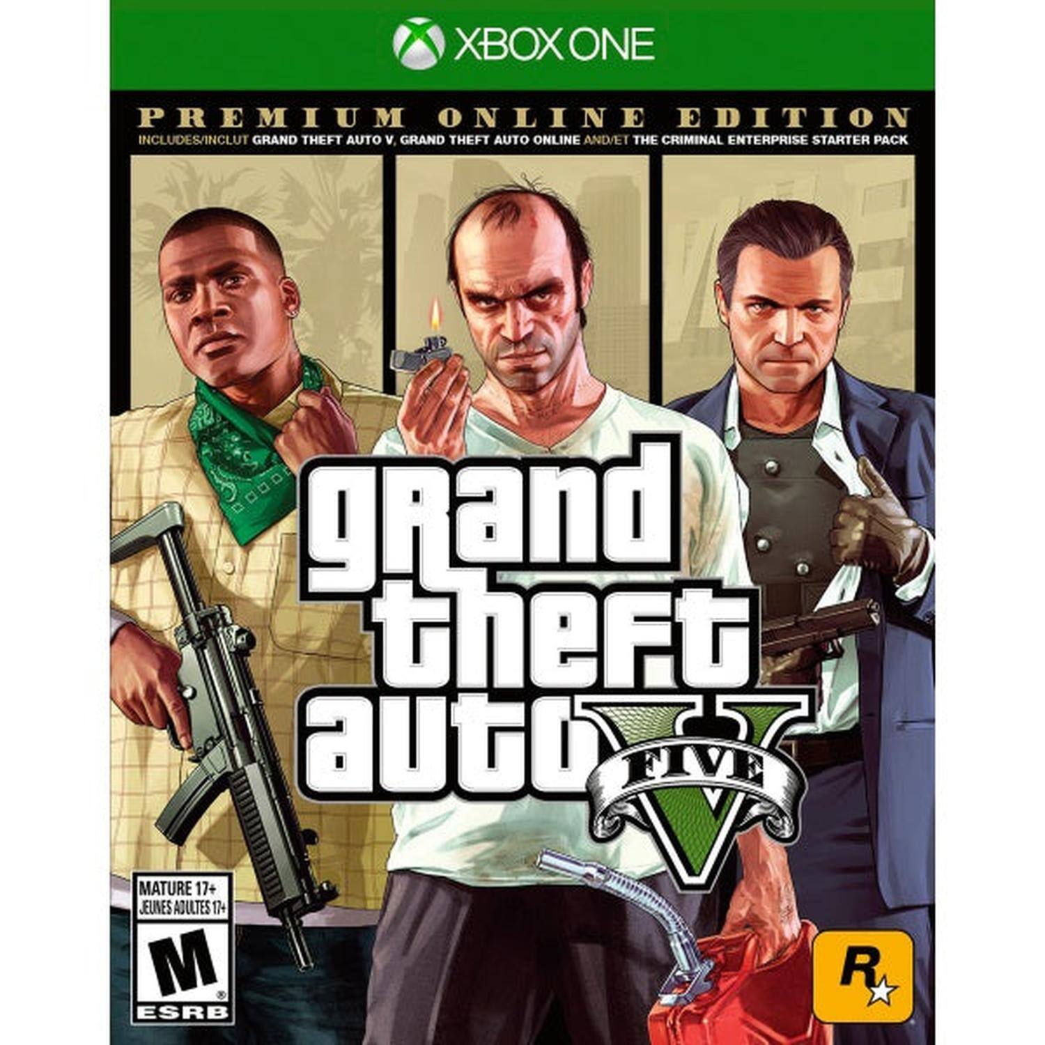 XBOX ONE  
PREMIUM ONLINE EDITION INCLUDES/INCLUT GRAND THEFT AUTO V, GRAND THEFT AUTO ONLINE AND/ET THE CRIMINAL ENTERPRISE STARTER PACK  
grand theft auto FIVE  
MATURE 17+ JEUNES ADULTES 17+ ESRB - M (Mature 17+)