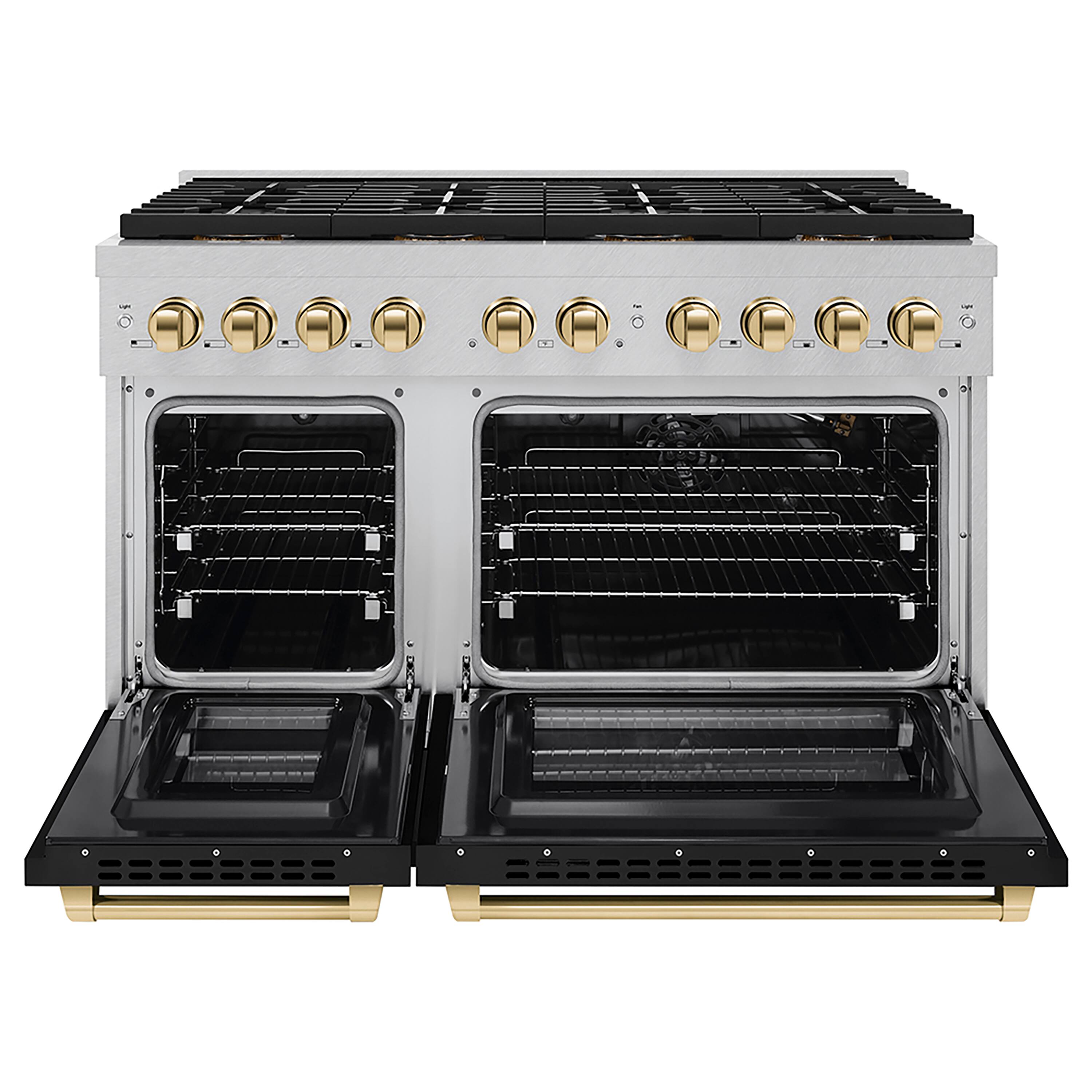 Angle. ZLINE - Autograph 48 in. 6.7 cu. ft. Freestanding Paramount Gas DuoPro Range in Satin Steel with Black Doors & Gold Accents - Black Matte.