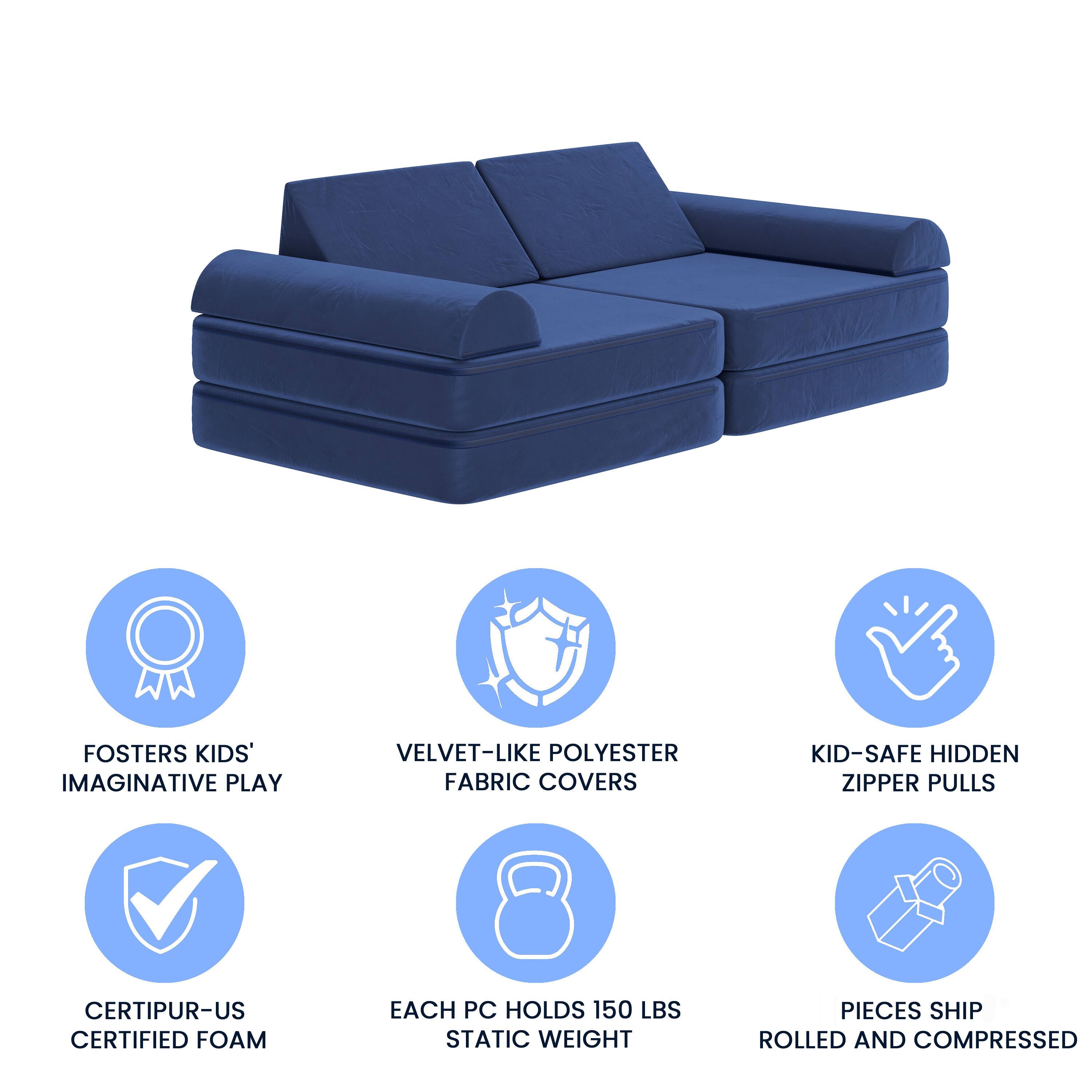 - Fosters kids' imaginative play
- Velvet-like polyester fabric covers
- Kid-safe hidden zipper pulls
- Certipur-US certified foam
- Each PC holds 150 lbs static weight
- Pieces ship rolled and compressed