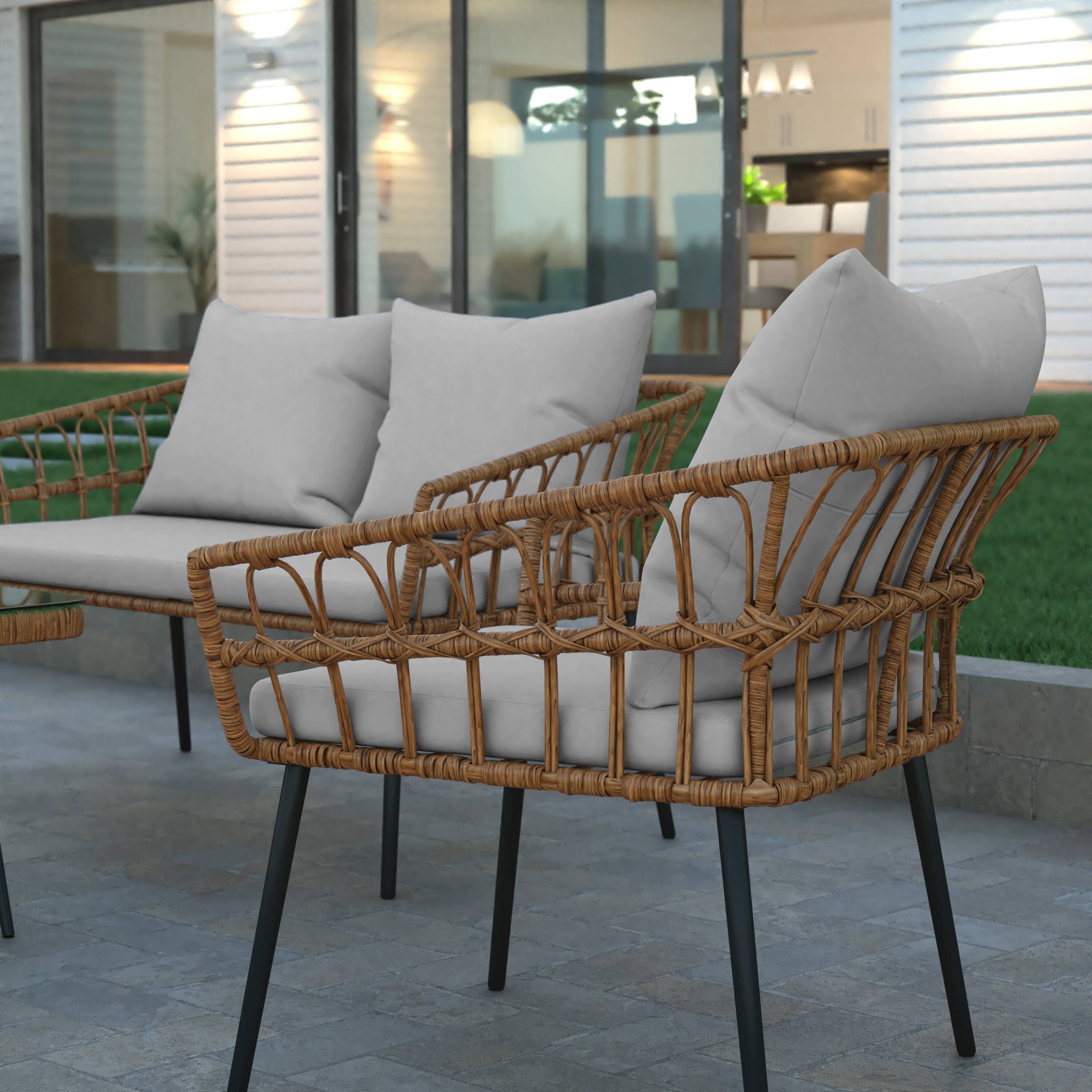 Alt View 4. Emma + Oliver - 4PC Rattan Patio Set with Two Chairs, Loveseat, Table & Cushions - Gray Cushions/Natural Frame.