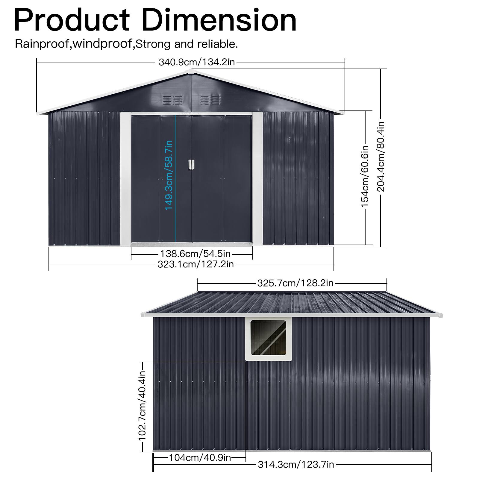 Product Dimension  
Rainproof, windproof, Strong and reliable.  

- 340.9cm/134.2in  
- 149.3cm/58.7in  
- 138.6cm/54.5in  
- 323.1cm/127.2in  
- 154cm/60.6in  
- 204.4cm/80.4in  
- 325.7cm/128.2in  
- 102.7cm/40.4in  
- 104cm/40.9in  
- 314.3cm/123.7in
