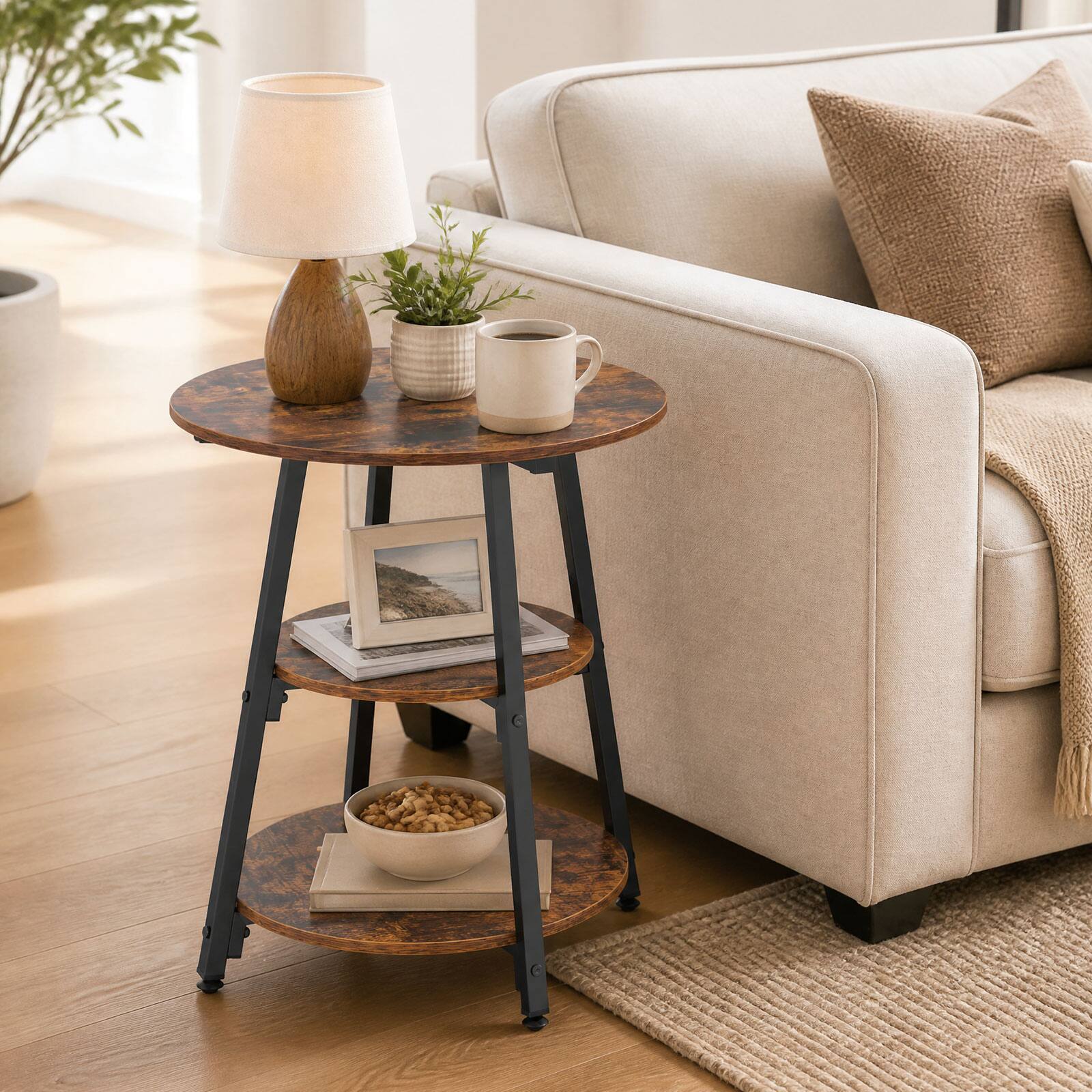 Alt View 1. Costway - Costway 2 PCS Industrial Side Tables with Storage Shelves, 3-Tier End Table with Metal Frame - Rustic Brown & Black.
