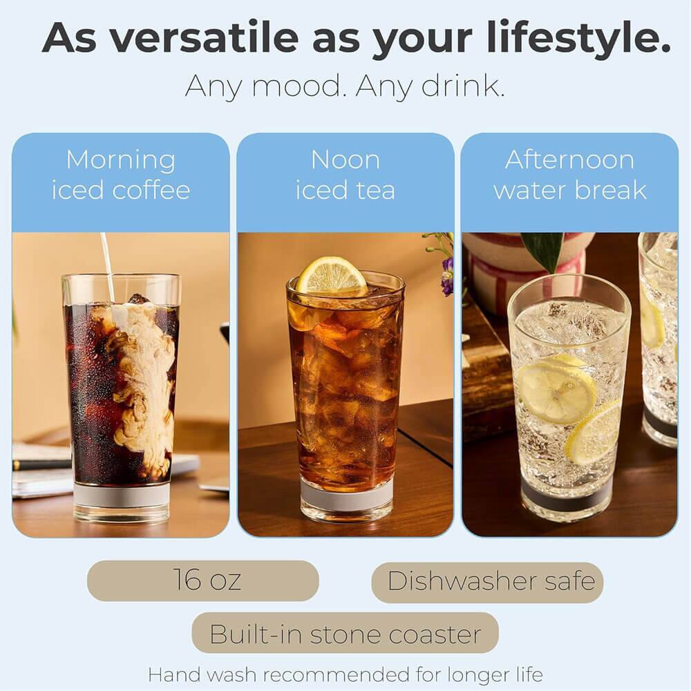 As versatile as your lifestyle.  
Any mood. Any drink.  

Morning iced coffee  
Noon iced tea  
Afternoon water break  

16 oz  
Dishwasher safe  
Built-in stone coaster  
Hand wash recommended for longer life